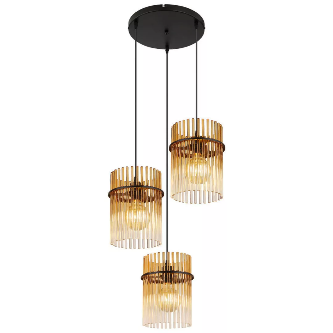 GLOBO Pendelleuchte schwarz amber Metall Glas H/D: ca. 140x47 cm E27 3 Bren günstig online kaufen