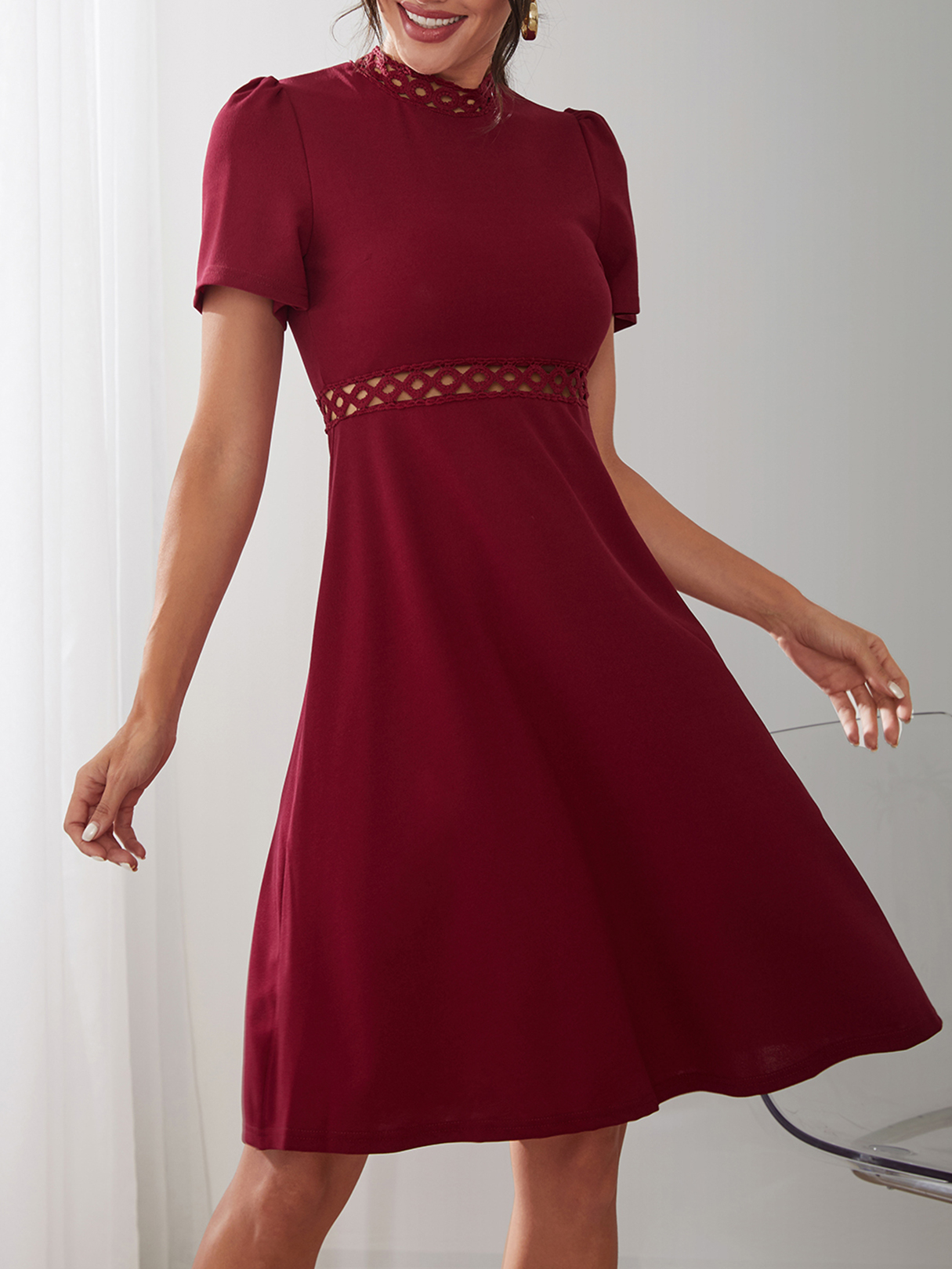 YOINS Burgund Hollow Design Puff Sleeves Kleid günstig online kaufen
