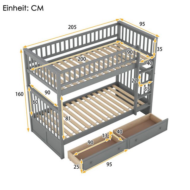 Celya Etagenbett Kinderbett Bettgestell 90x200cm, Etagenbett mit zwei Schub günstig online kaufen