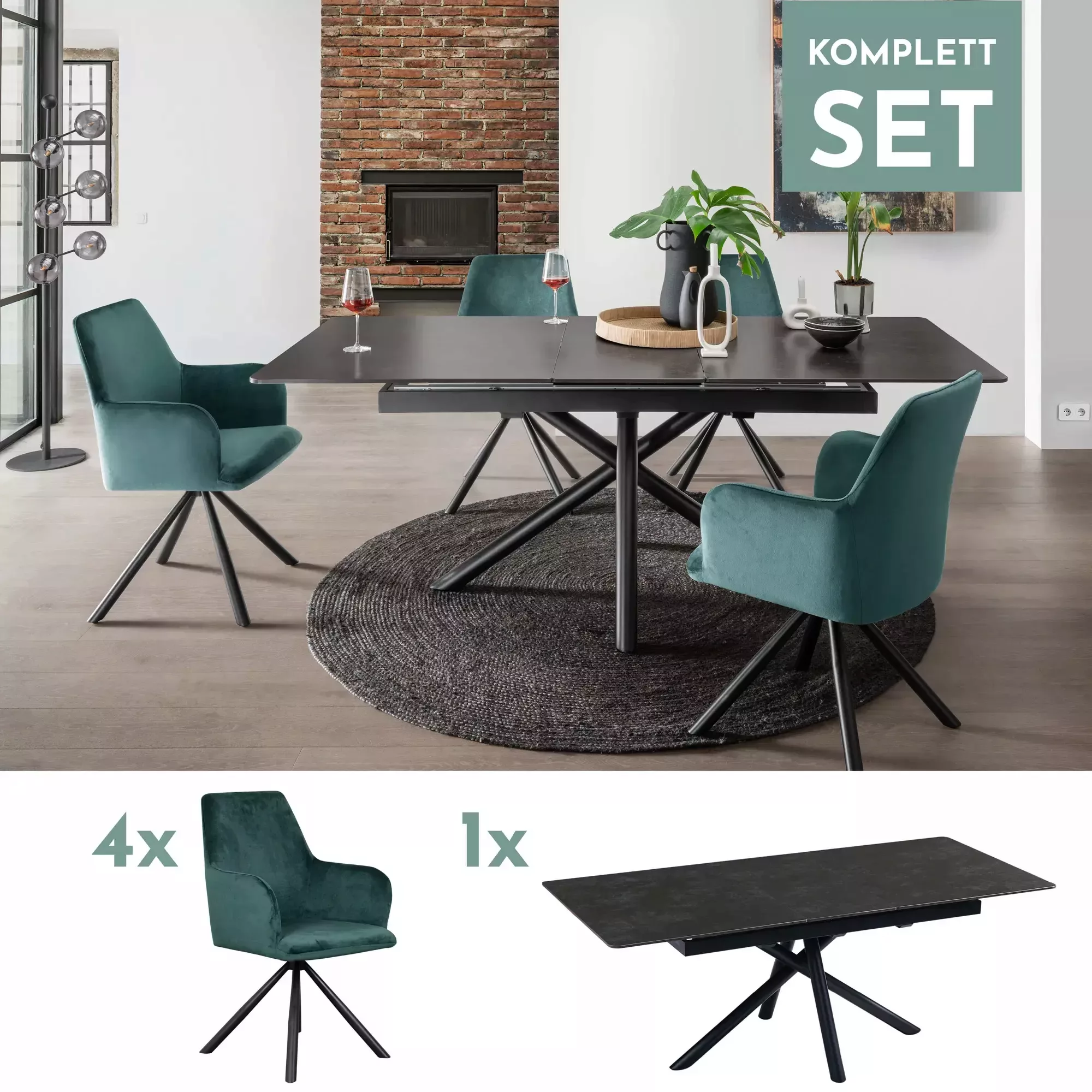 Indoormöbelset Sessel Capri dunkelgrün und Ausziehtisch Imperia dark grey günstig online kaufen