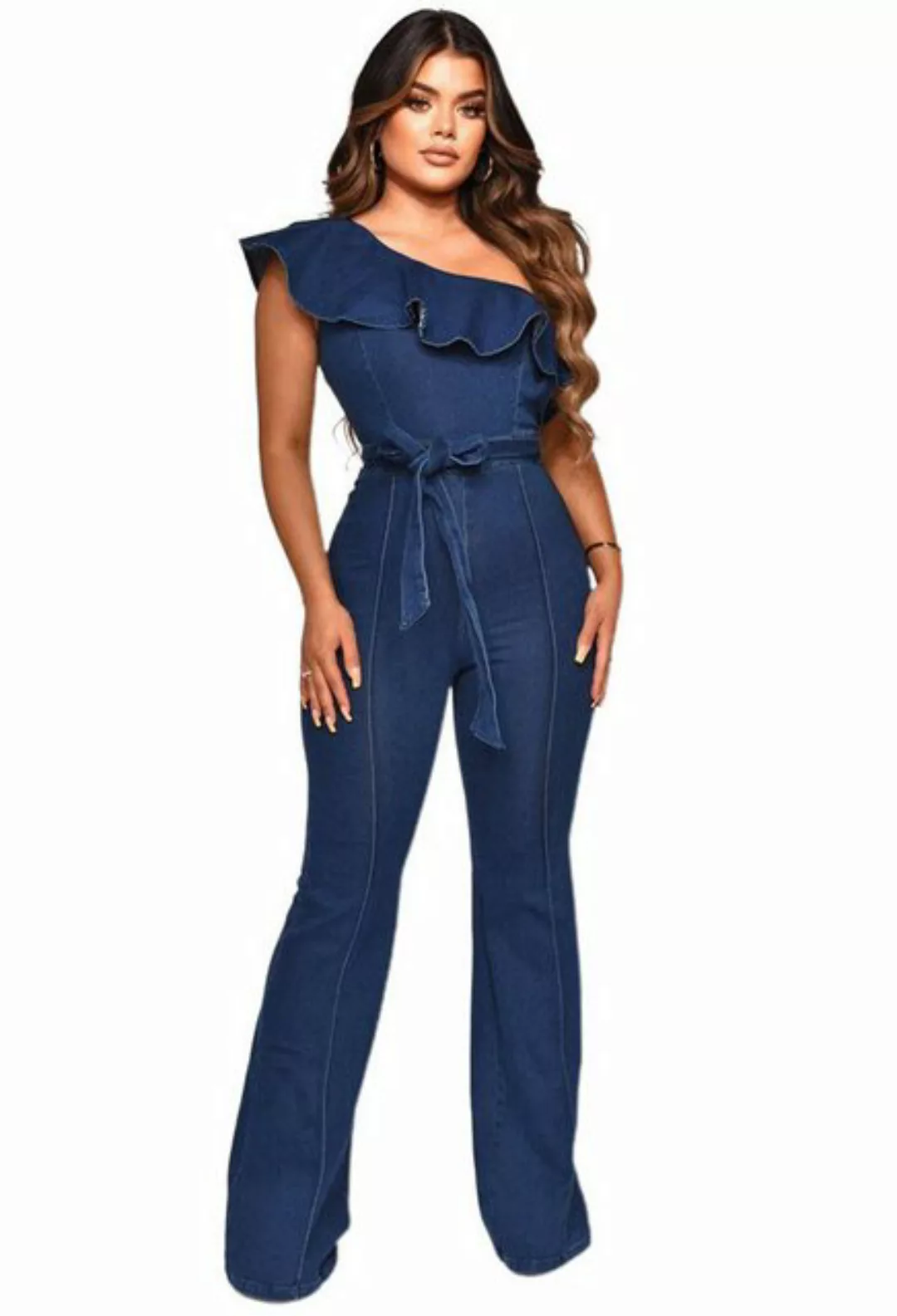 CHENIN 7/8-Overall 7/8-Overall Schulterfreier, ausgestellter Denim-Jumpsuit günstig online kaufen