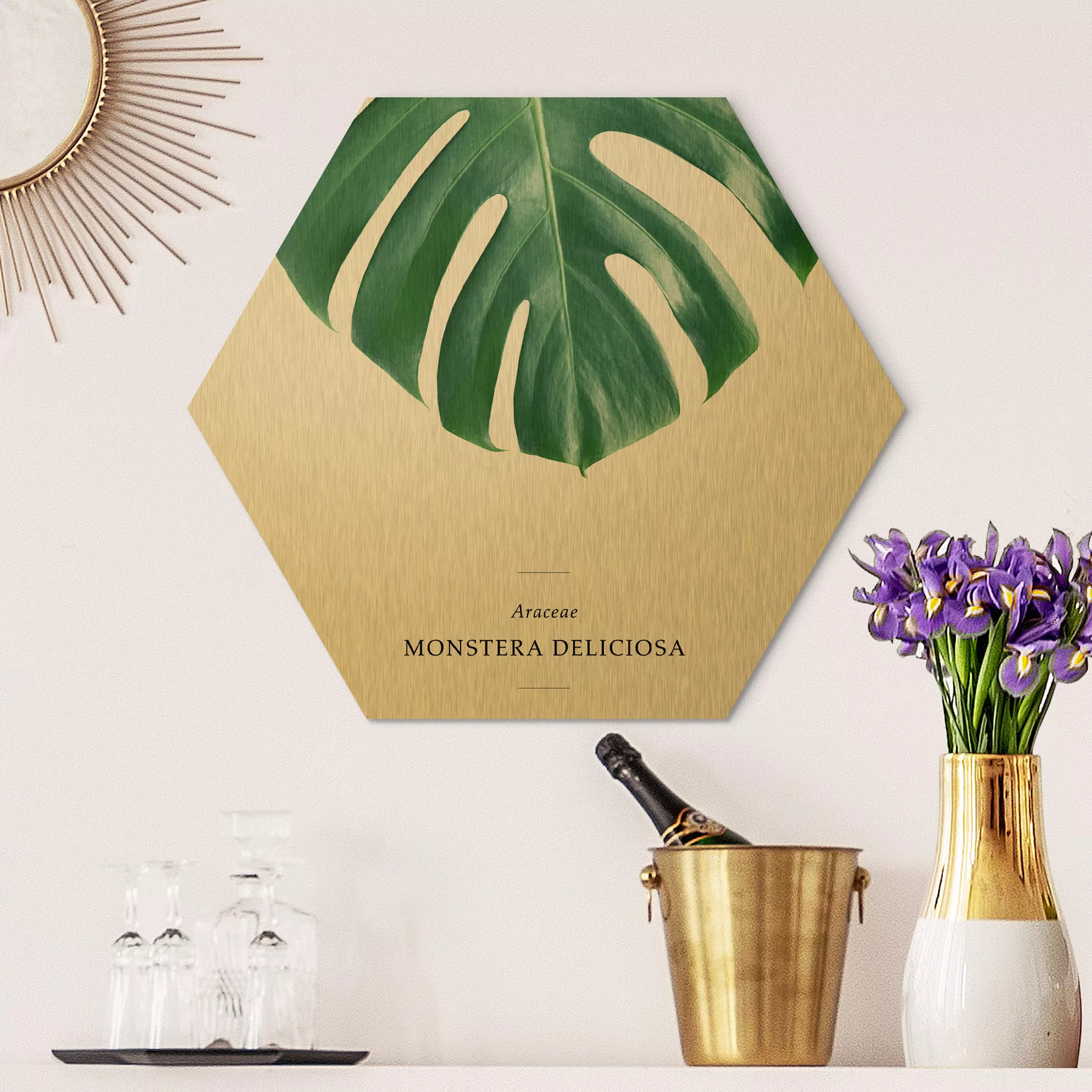 Hexagon-Alu-Dibond Bild Blumen Tropisches Blatt Monstera günstig online kaufen