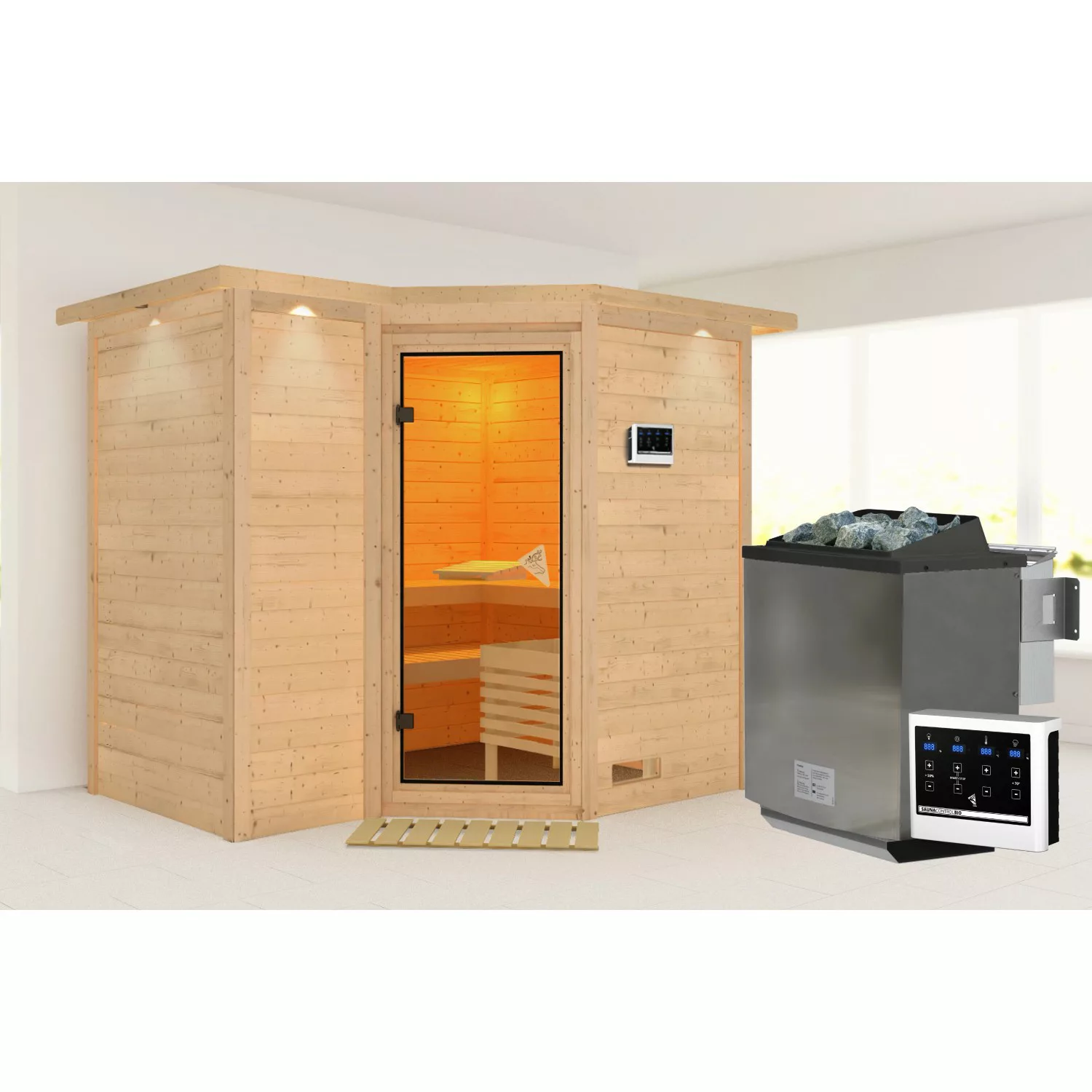 Karibu Sauna Steena 2 mit Bio-Ofen externe Stg.LED-Dachkranz Natur günstig online kaufen