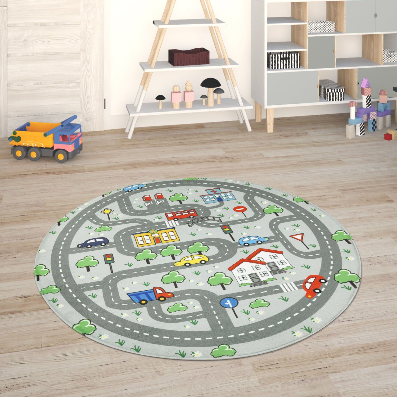 Paco Home Kinderteppich »Chicos 559«, rund, 2 mm Höhe, Flachgewebe, Straßen günstig online kaufen