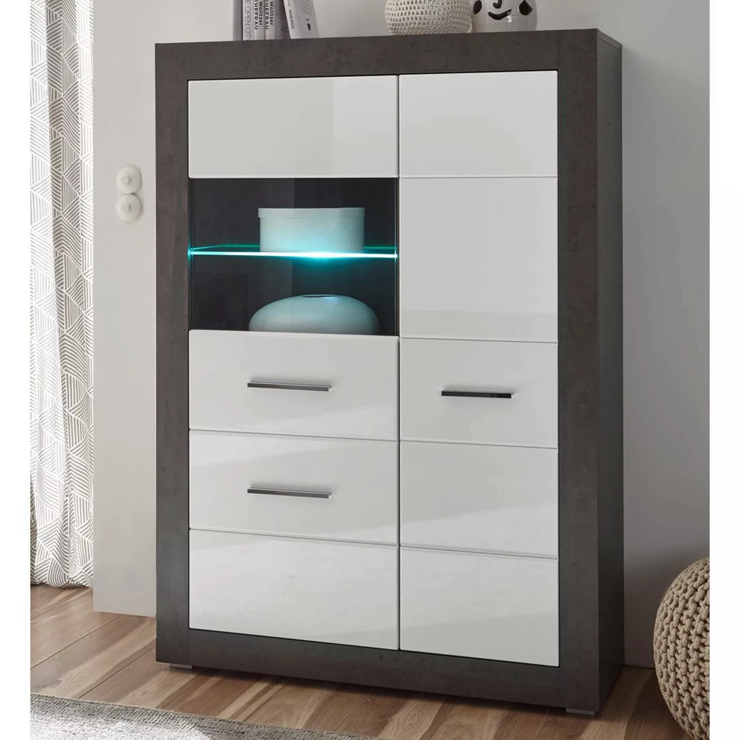 Vitrinen-Highboard in Hochglanz weiß mit Betonoptik dunkel ETON-61 mit LED günstig online kaufen