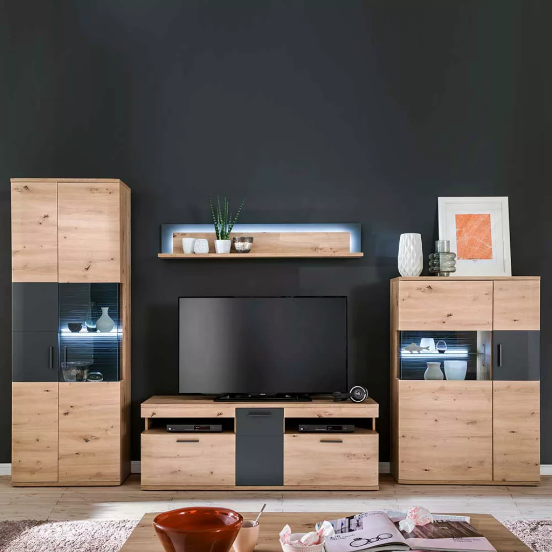 Wohnzimmer Anbauwand in Anthrazit und Eichefarben 330 cm breit (vierteilig) günstig online kaufen