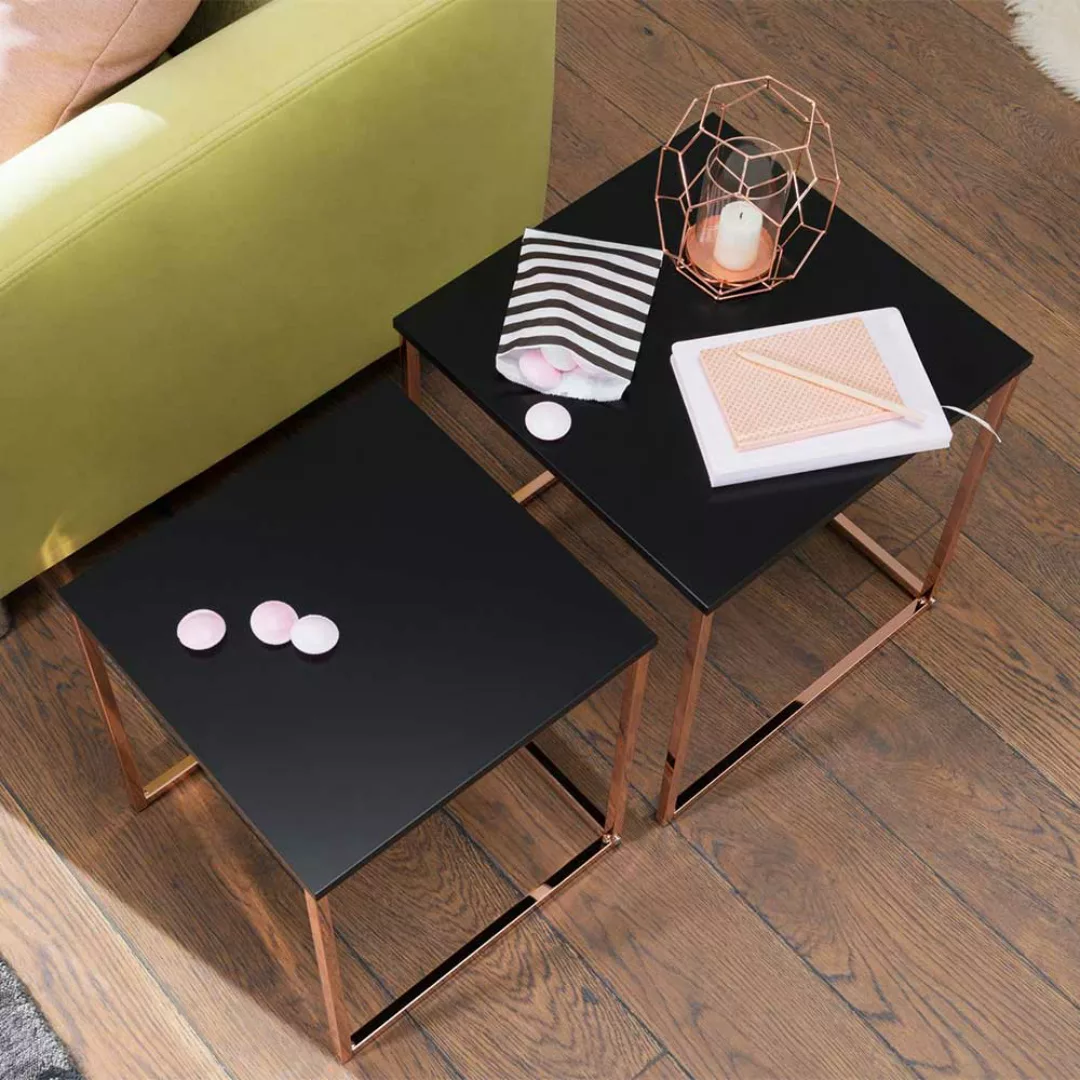 Sofa Beistelltisch Set im Retrostil Schwarz Hochglanz und Kupferfarben (zwe günstig online kaufen