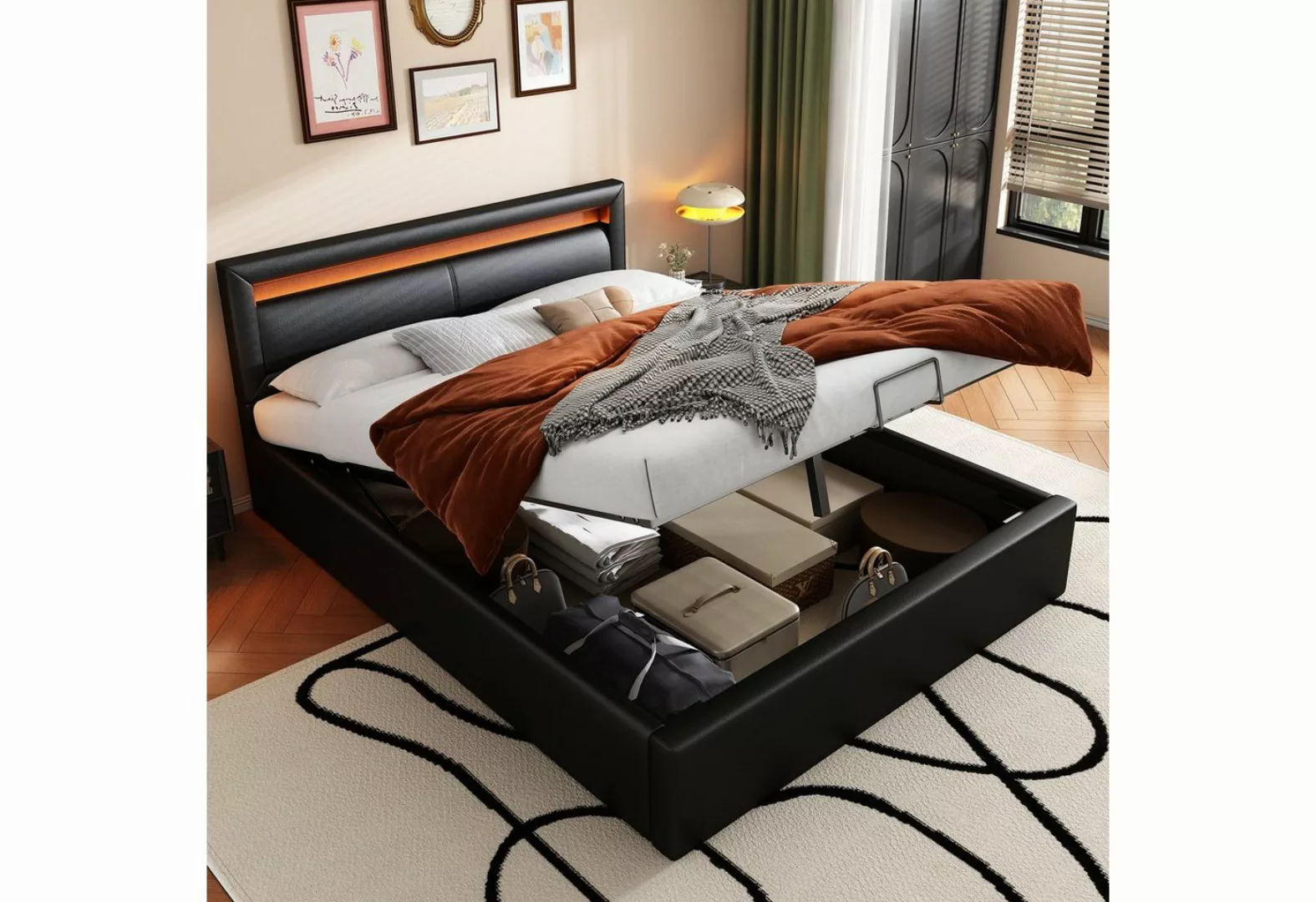 WISHDOR Polsterbett Doppelbett Stauraumbett Bett (140*200cm Schwarz mit Lat günstig online kaufen