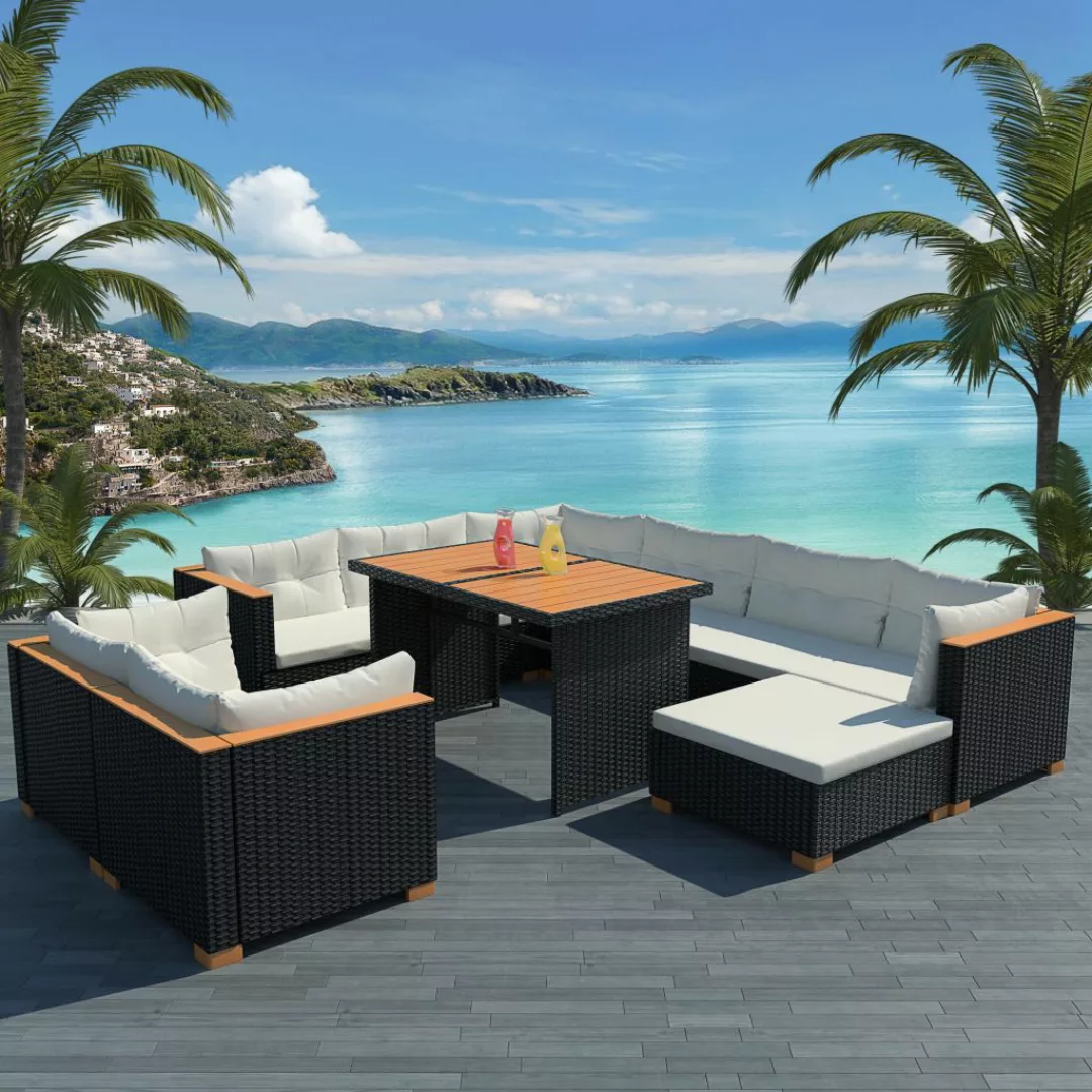 10-tlg. Garten-lounge-set Mit Auflagen Poly Rattan Schwarz günstig online kaufen