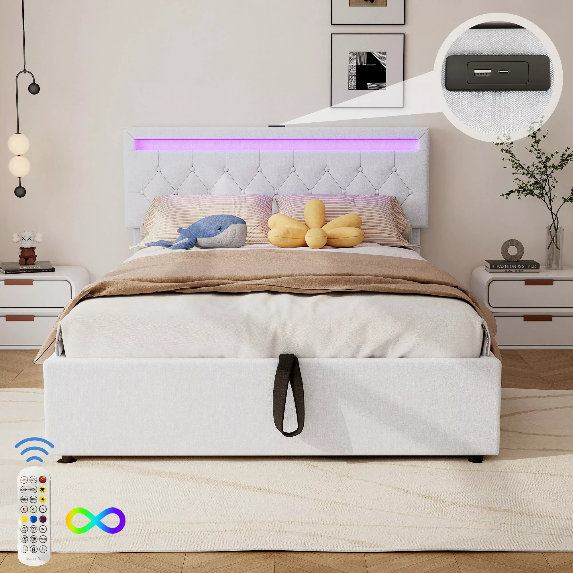 Flieks Polsterbett, LED Hydraulisches Doppelbett 140x200cm günstig online kaufen