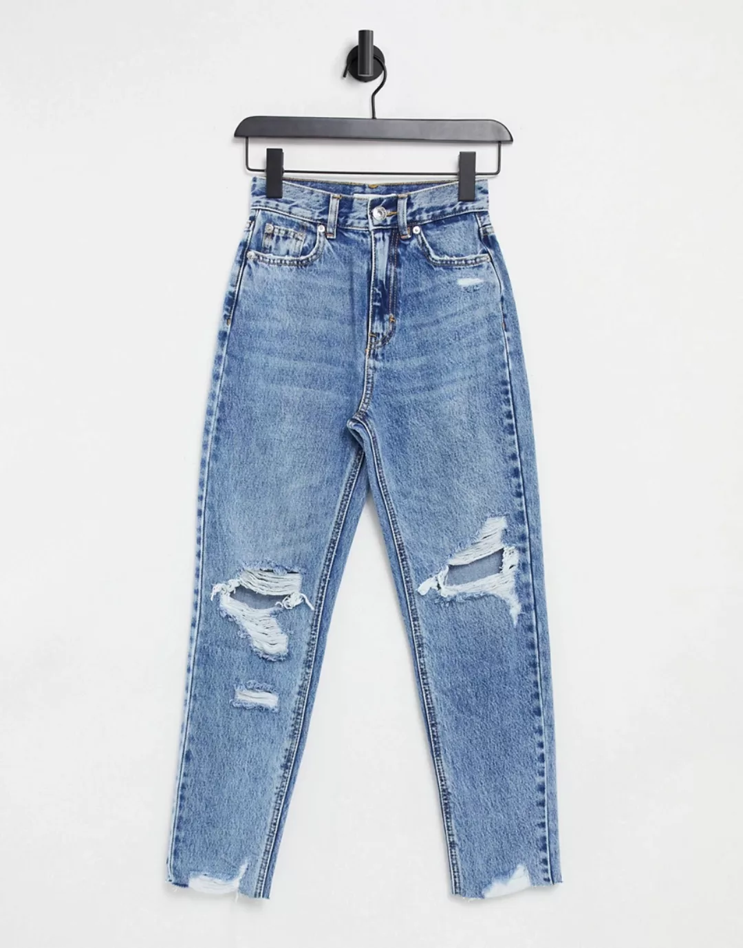 Pull&Bear – Mom-Jeans mit Rissen in Mittelblau günstig online kaufen