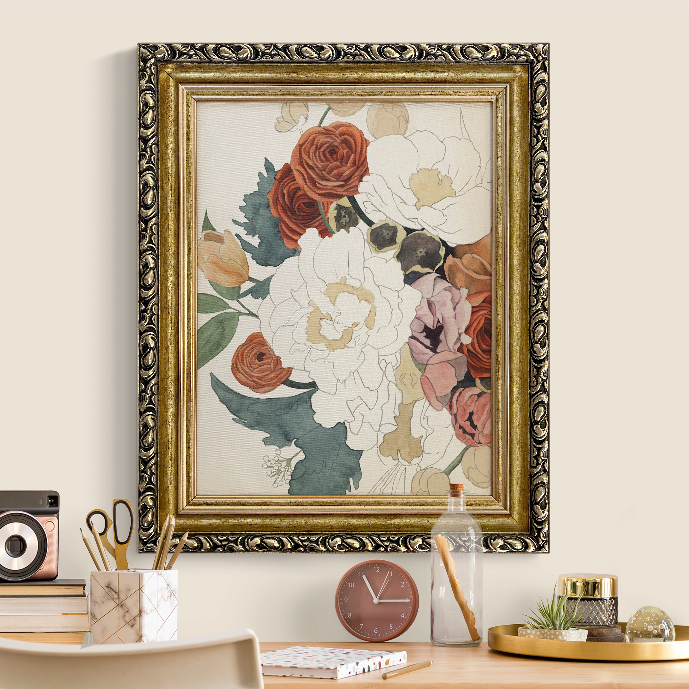 Gerahmtes Leinwandbild Zeichnung Blumenbouquet in Rot und Sepia günstig online kaufen