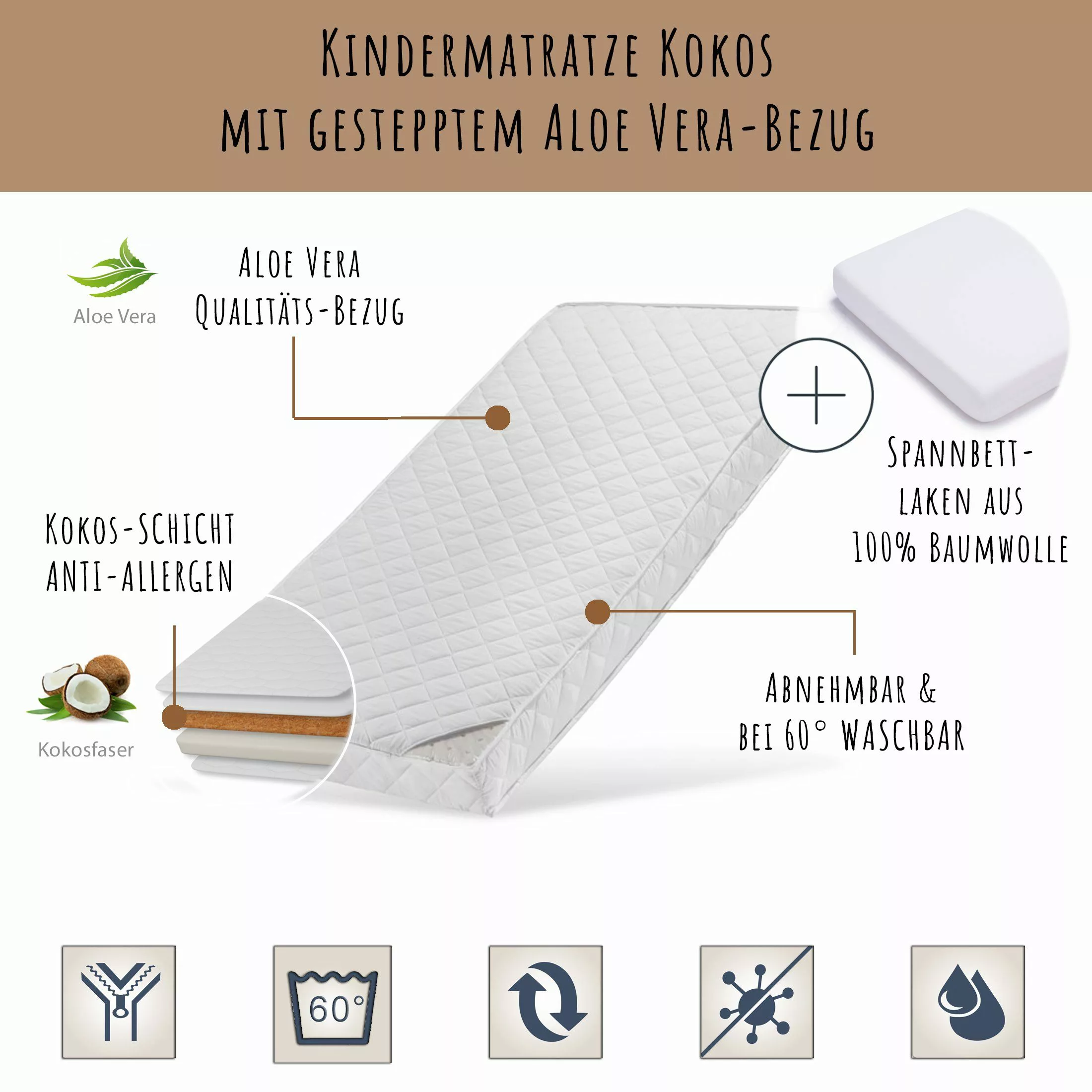 Kindermatratze KOKOS mit gestepptem Aloe Vera-Bezug, günstig online kaufen