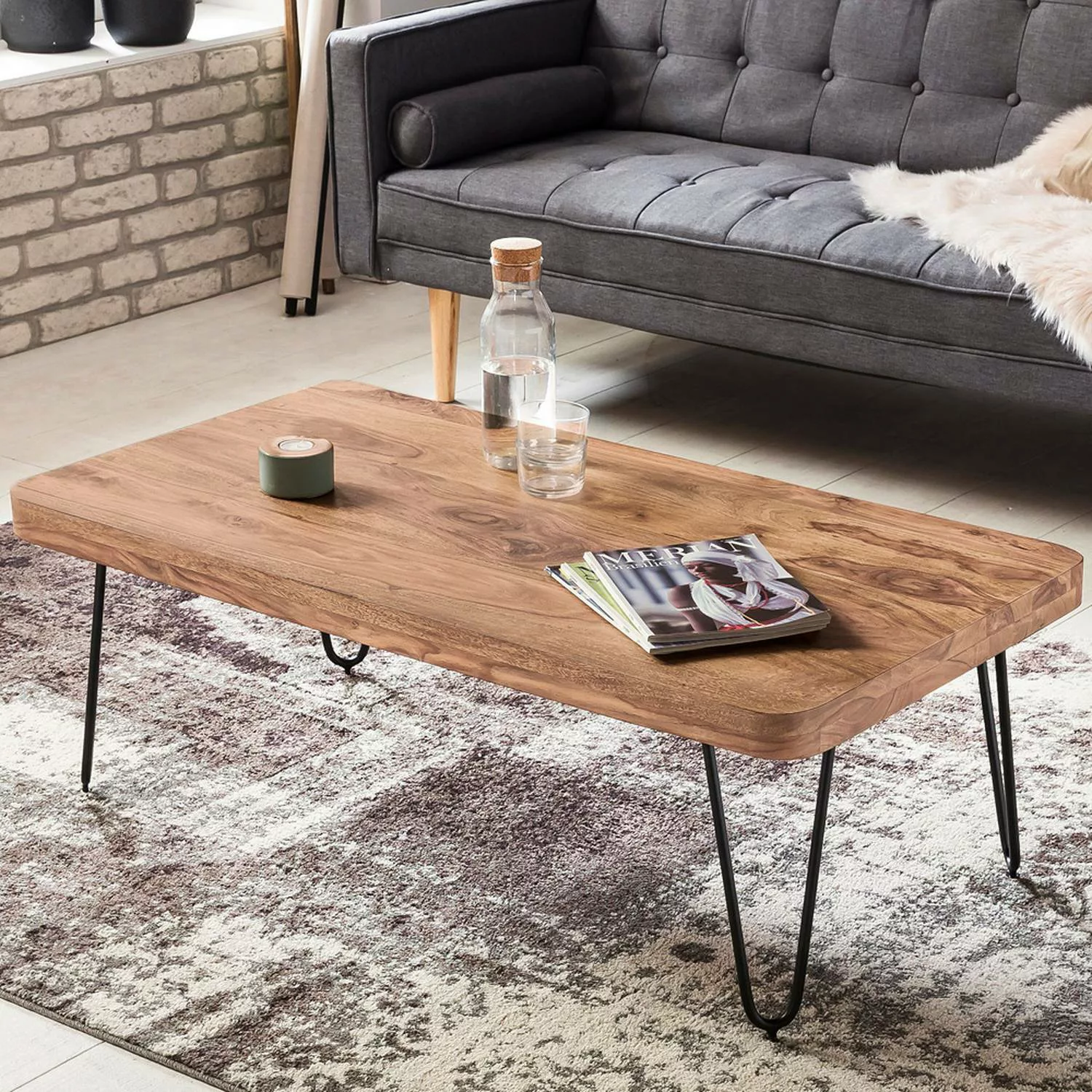 Couchtisch Massiv-Holz Akazie 115 cm breit Wohnzimmer-Tisch Design Metallbe günstig online kaufen