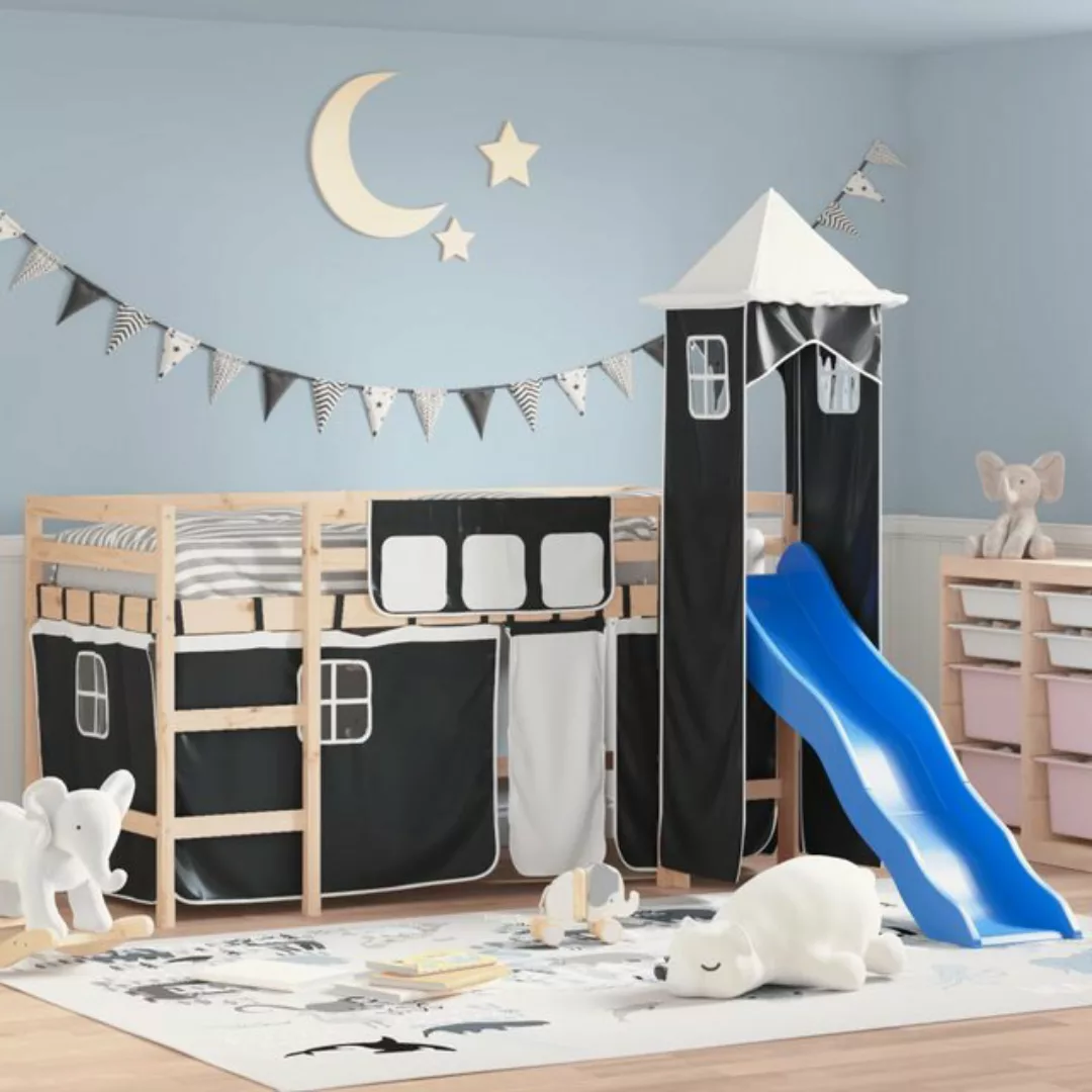 vidaXL Kinderbett Kinderhochbett mit Turm Weiß Schwarz 90x190 cm Kiefernhol günstig online kaufen