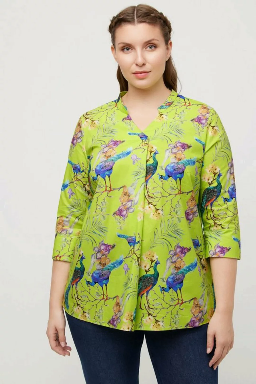 Ulla Popken Longbluse Bluse Pfauen Stehkragen V-Ausschnitt 3/4-Arm günstig online kaufen