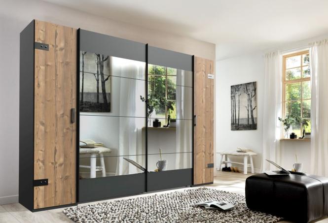 Kleiderschrank Industrial mit Spiegel 272 cm breit Holzoptik / Grau STOCKHO günstig online kaufen