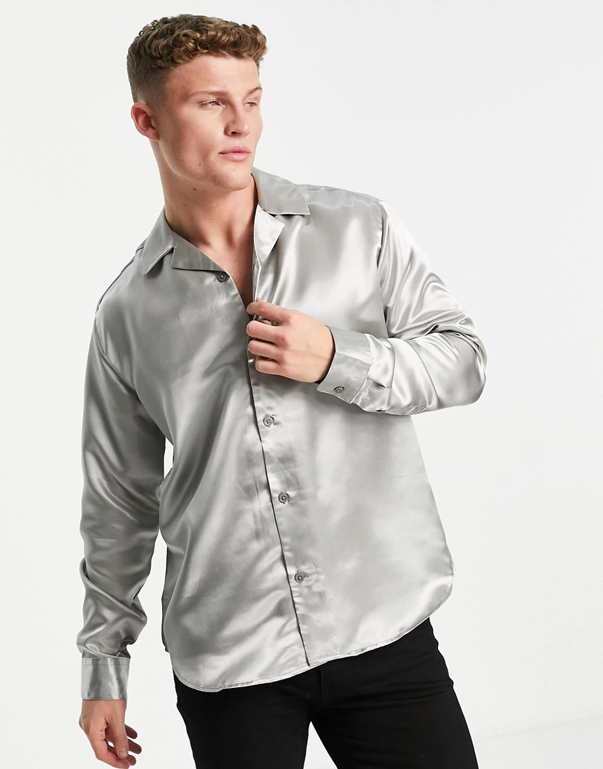 Only & Sons – Oversize-Satinhemd in Grau mit Reverskragen günstig online kaufen