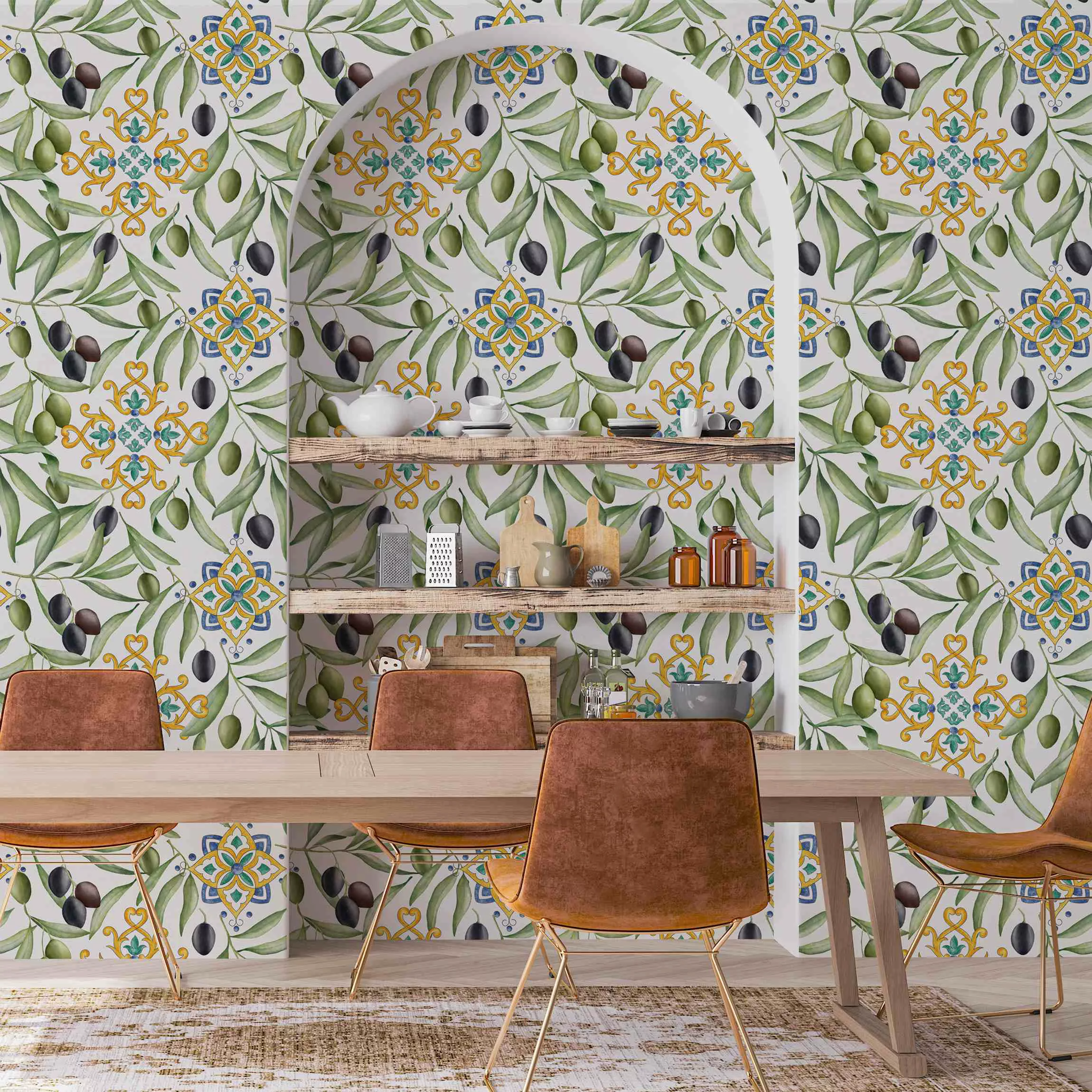 Fototapete Aquarell Oliven Muster mit Ornamenten günstig online kaufen
