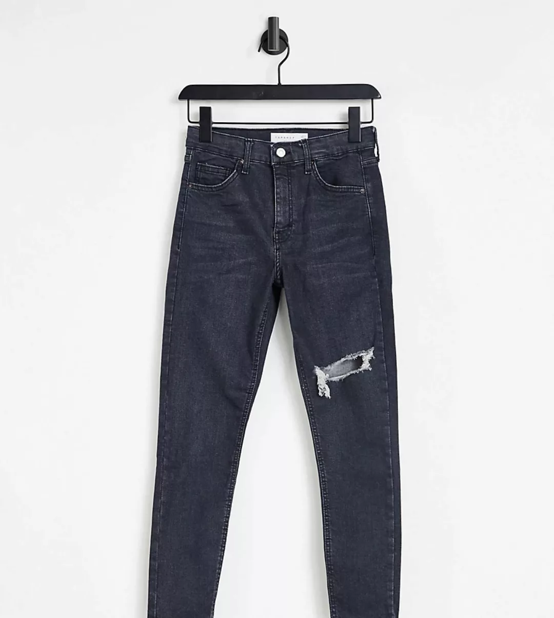 Topshop Petite – Jamie – Jeans in verwaschenem Schwarz mit Riss am Obersche günstig online kaufen