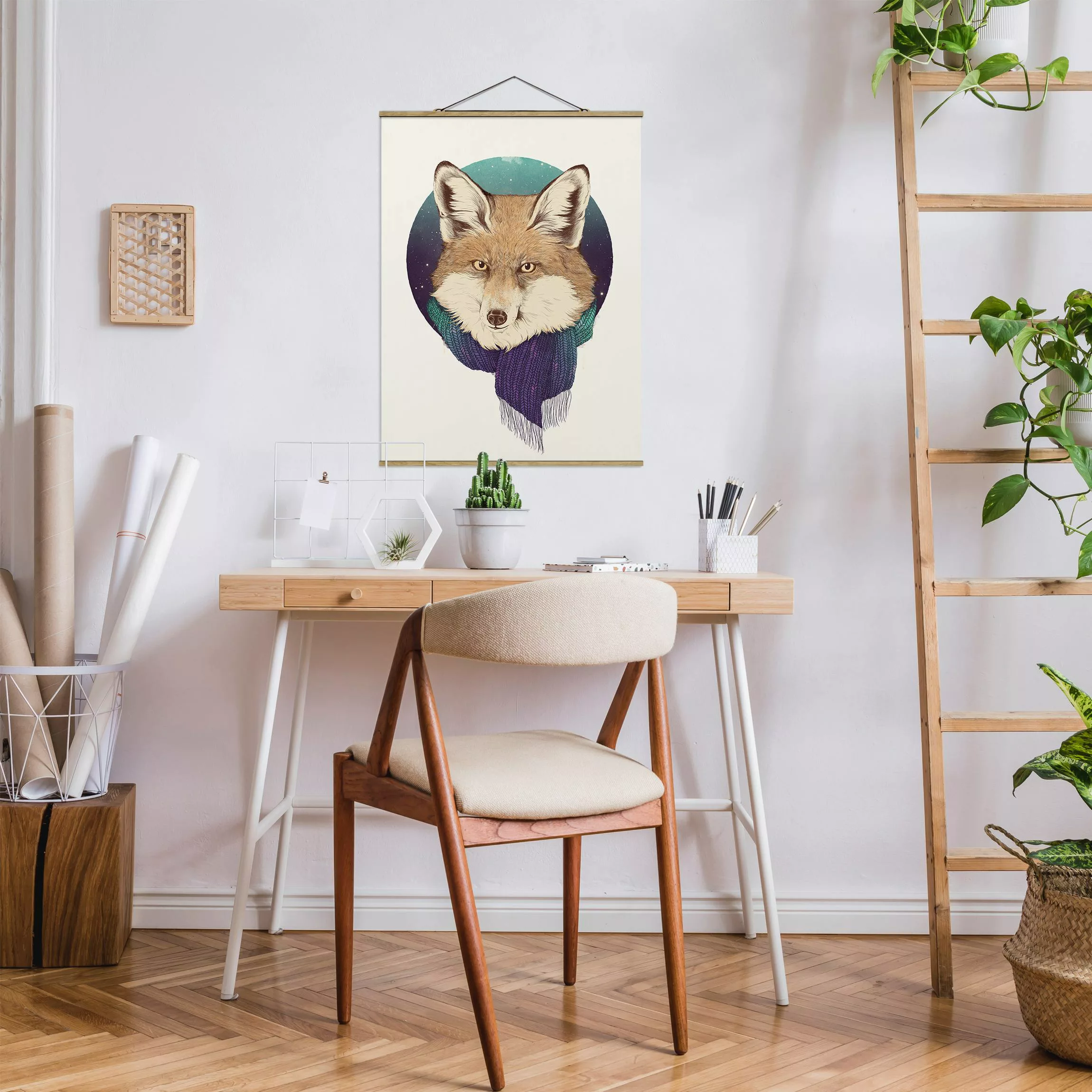Stoffbild Tiere mit Posterleisten - Hochformat Illustration Fuchs Mond Lila günstig online kaufen