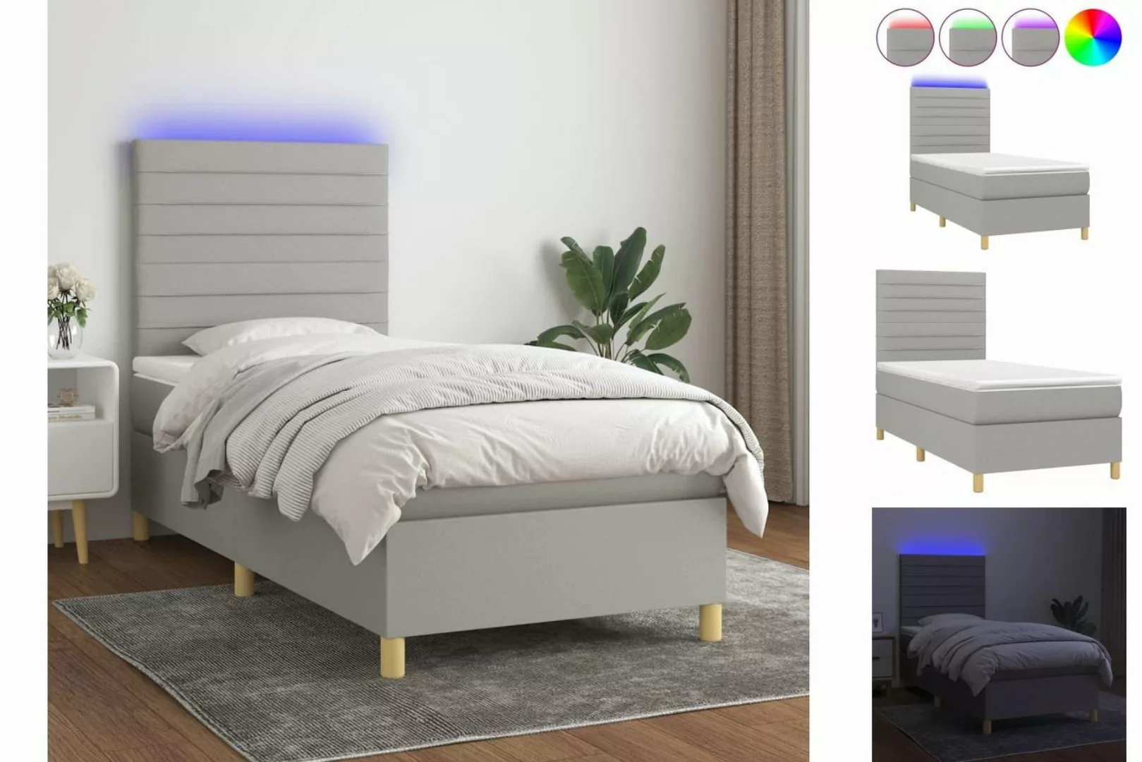 vidaXL Bett Boxspringbett mit Matratze & LED Hellgrau 100x200 cm Stoff günstig online kaufen