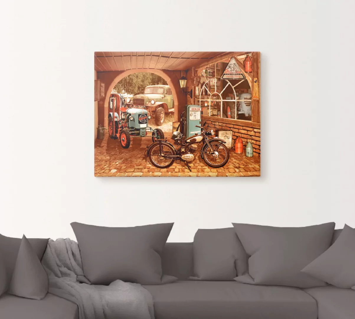 Artland Wandbild "Werkstatt mit Traktor und Motorrad", Traktoren, (1 St.), günstig online kaufen