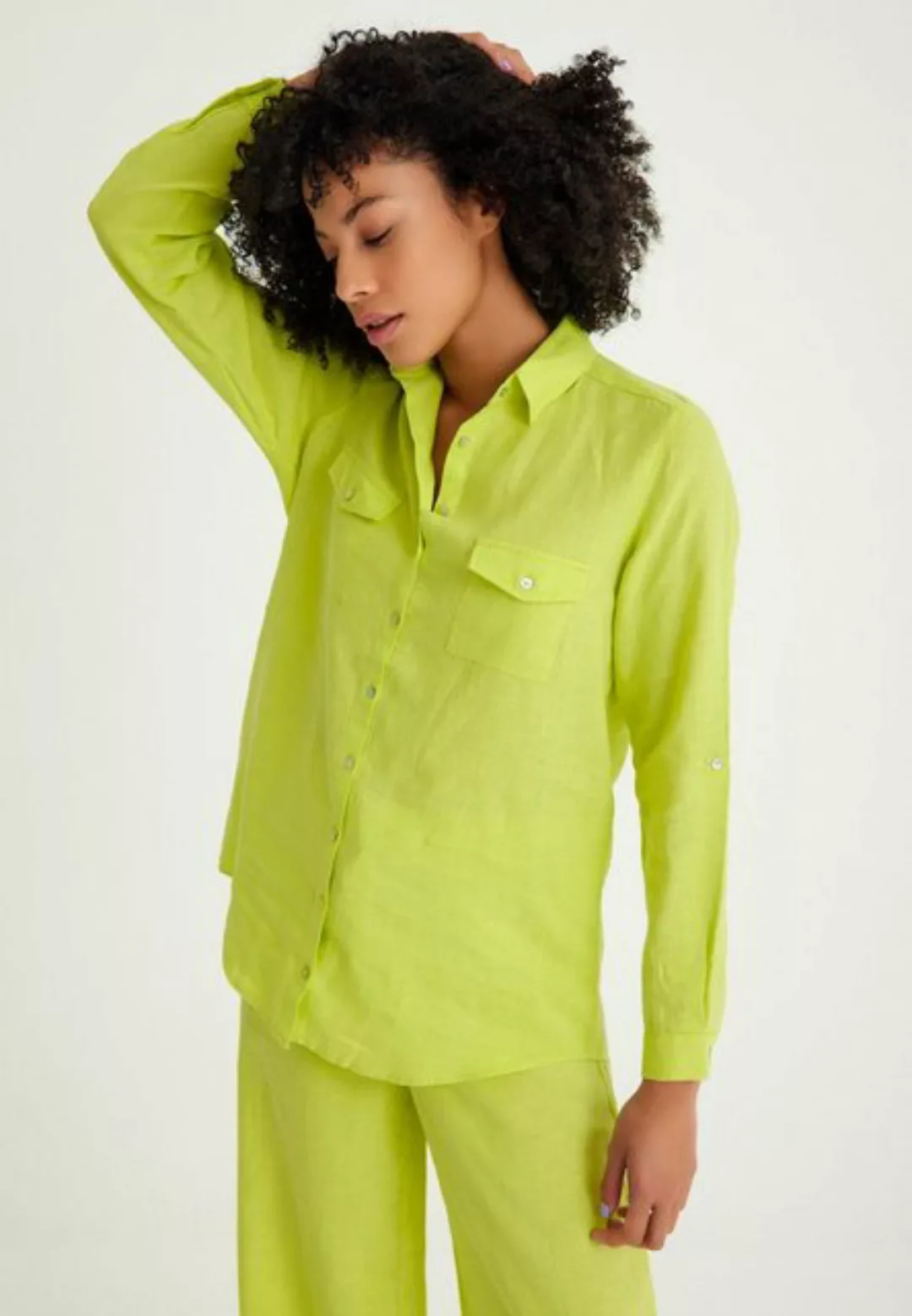 Just Like You Langarmhemd Leinen-Damenhemd mit Taschendetails günstig online kaufen