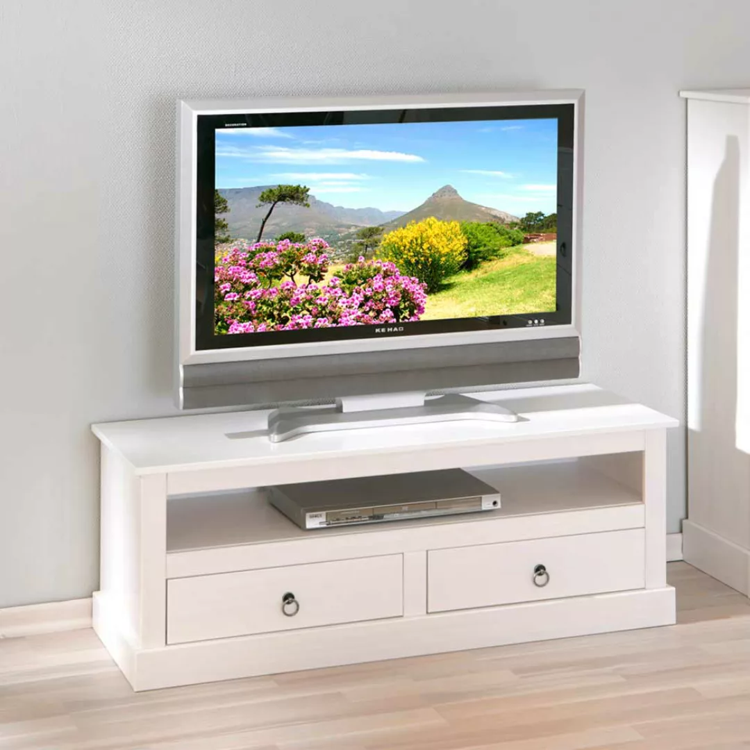 TV Lowboard in Weiß Kiefer massiv zwei Schubladen günstig online kaufen