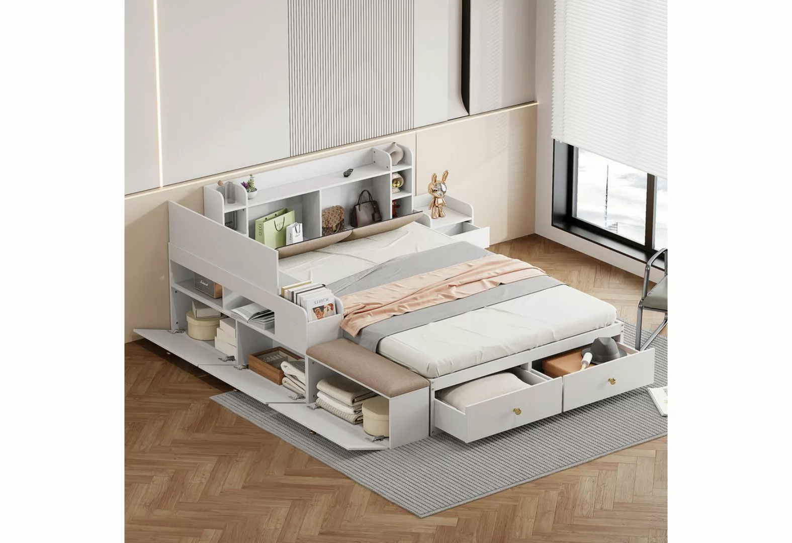 WISHDOR Stauraumbett Gästebett Doppelbett, Massivholz-Kombi-Bett 140x200cm günstig online kaufen