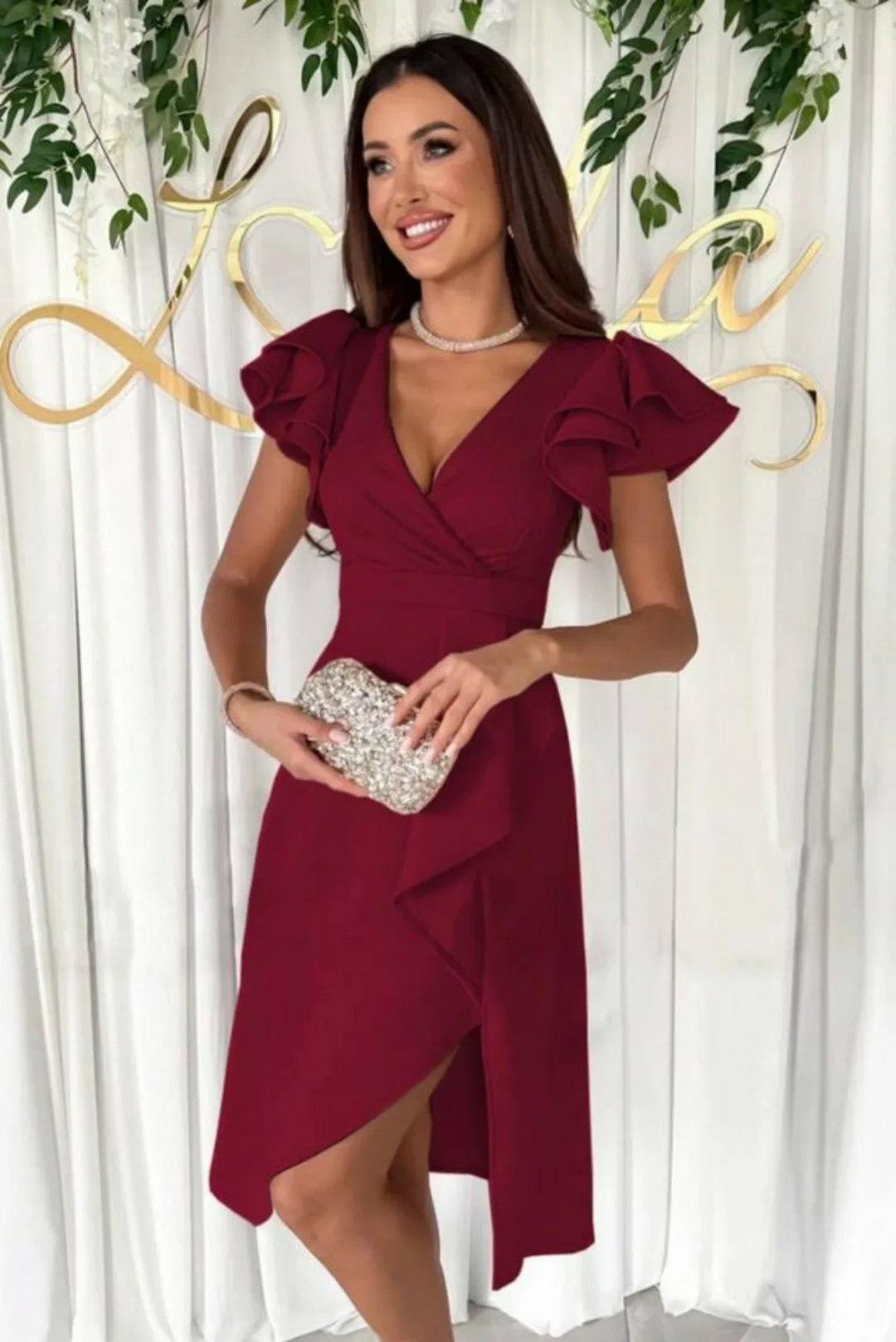 jalleria Dirndl Einfarbiges Kleid mit V-Ausschnitt und Lotusblatt Ärmeln günstig online kaufen