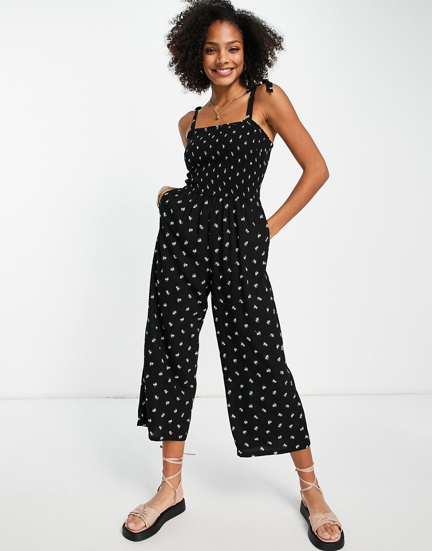 Hollister – Schwarz geblümter Jumpsuit mit gebundenen Trägern günstig online kaufen