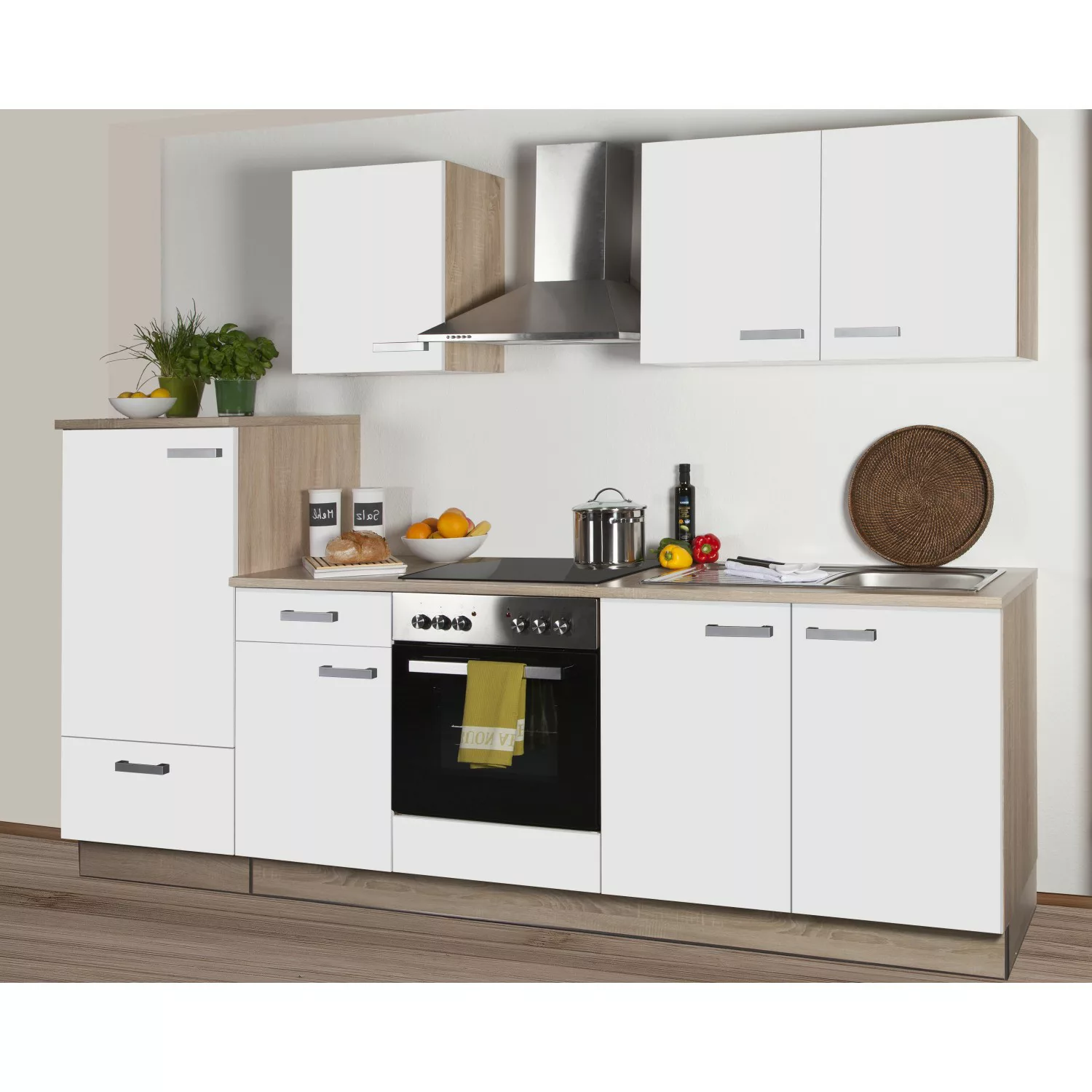 Küchenzeile Litra 270 cm Weiß Melamin-Sonoma Eiche Kühlschrank links günstig online kaufen