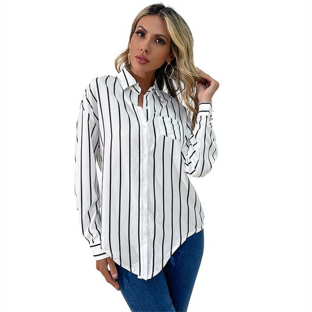 RUZU UG Blusenshirt Damen Blusen Lose Revers Streifen Shirts Langarm Oberte günstig online kaufen