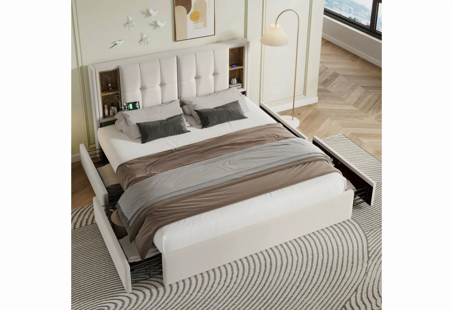MODFU Polsterbett Doppelbett (4 Schubladen, mit Matratze), mit Kabellosem L günstig online kaufen