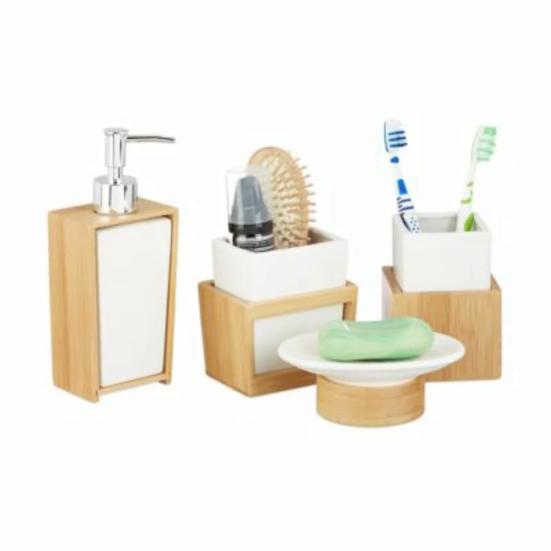 relaxdays Badezimmer Set aus Bambus und Keramik natur günstig online kaufen