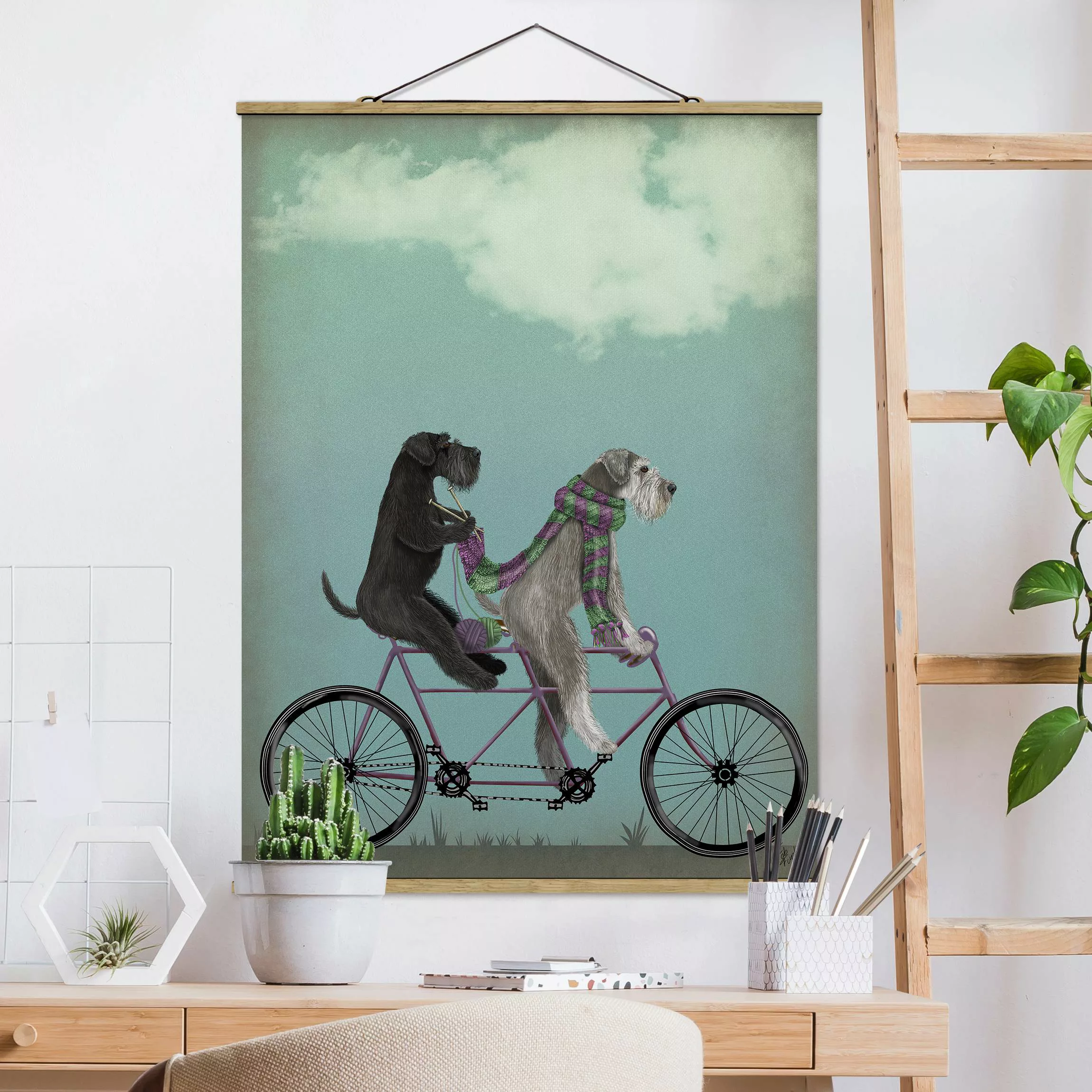 Stoffbild Tiere mit Posterleisten - Hochformat Radtour - Schnauzer Tandem günstig online kaufen