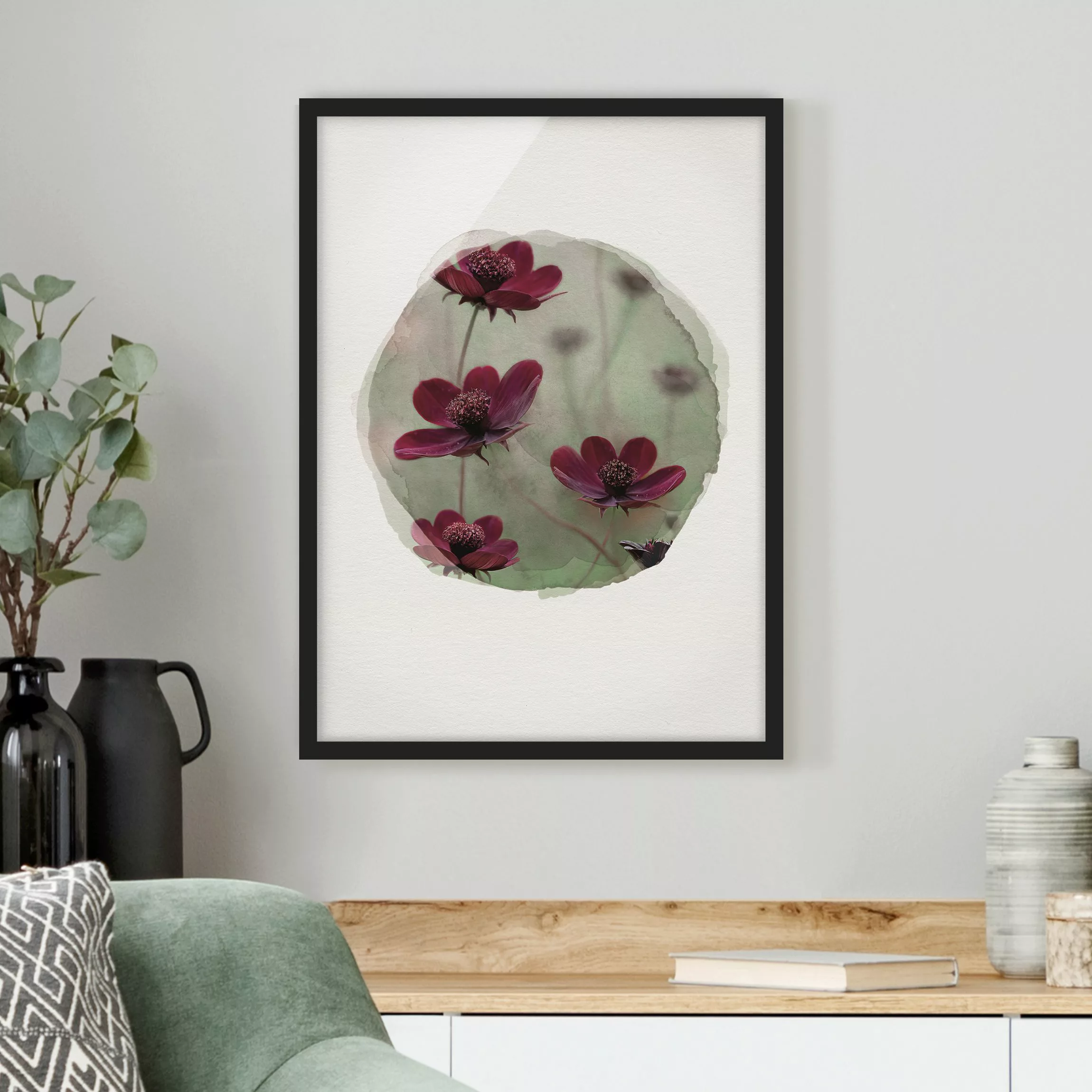 Bild mit Rahmen Blumen - Hochformat Wasserfarben - Pinke Kosmeen günstig online kaufen