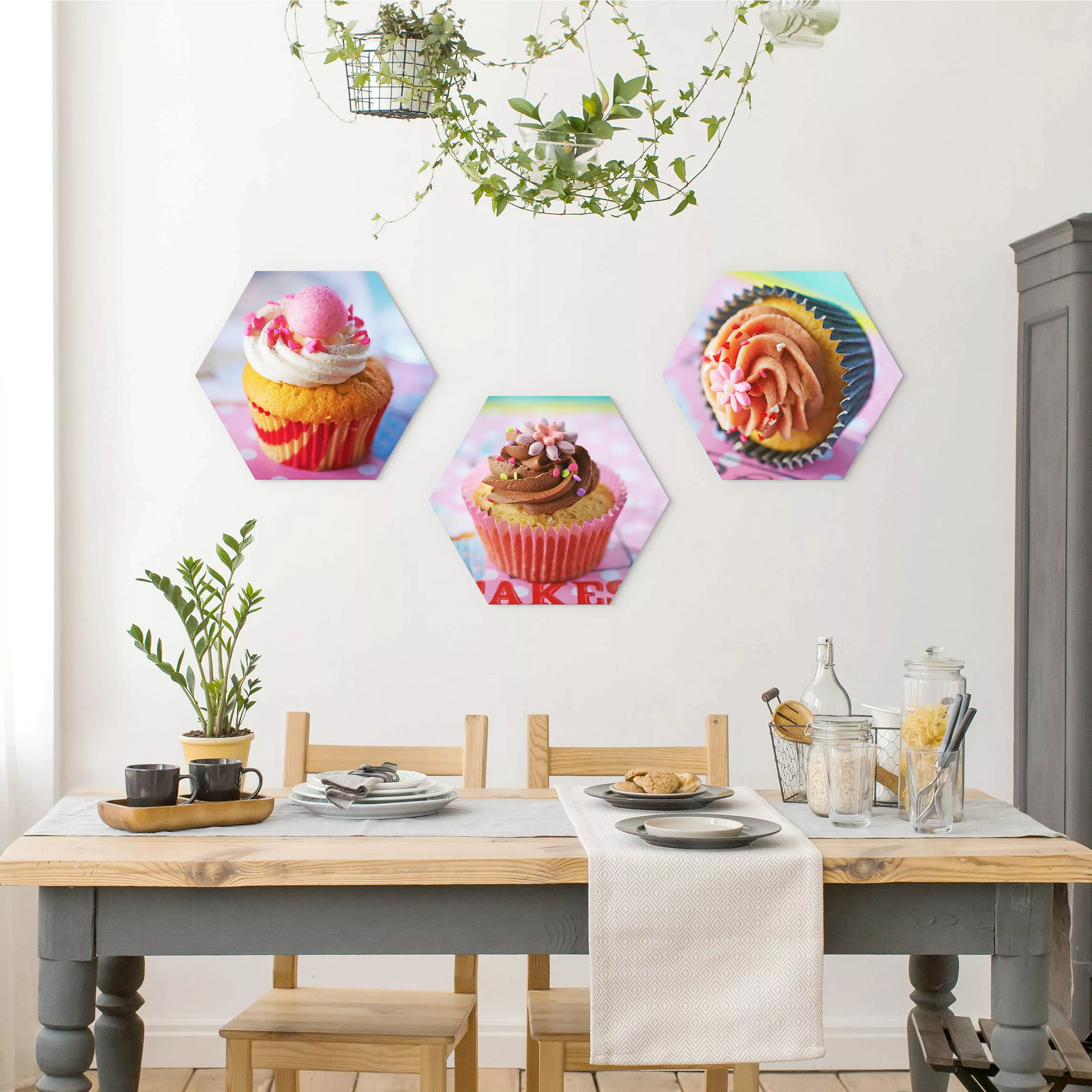 3-teiliges Hexagon-Alu-Dibond Bild Bunte Cupcakes günstig online kaufen