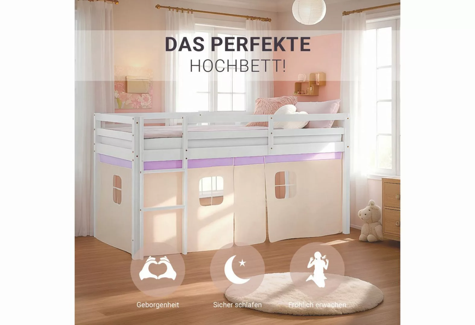 Homestyle4u Hochbett 90x200 Kinderbett Weiß Vorhang Beige Lila 1 Kind Kiefe günstig online kaufen