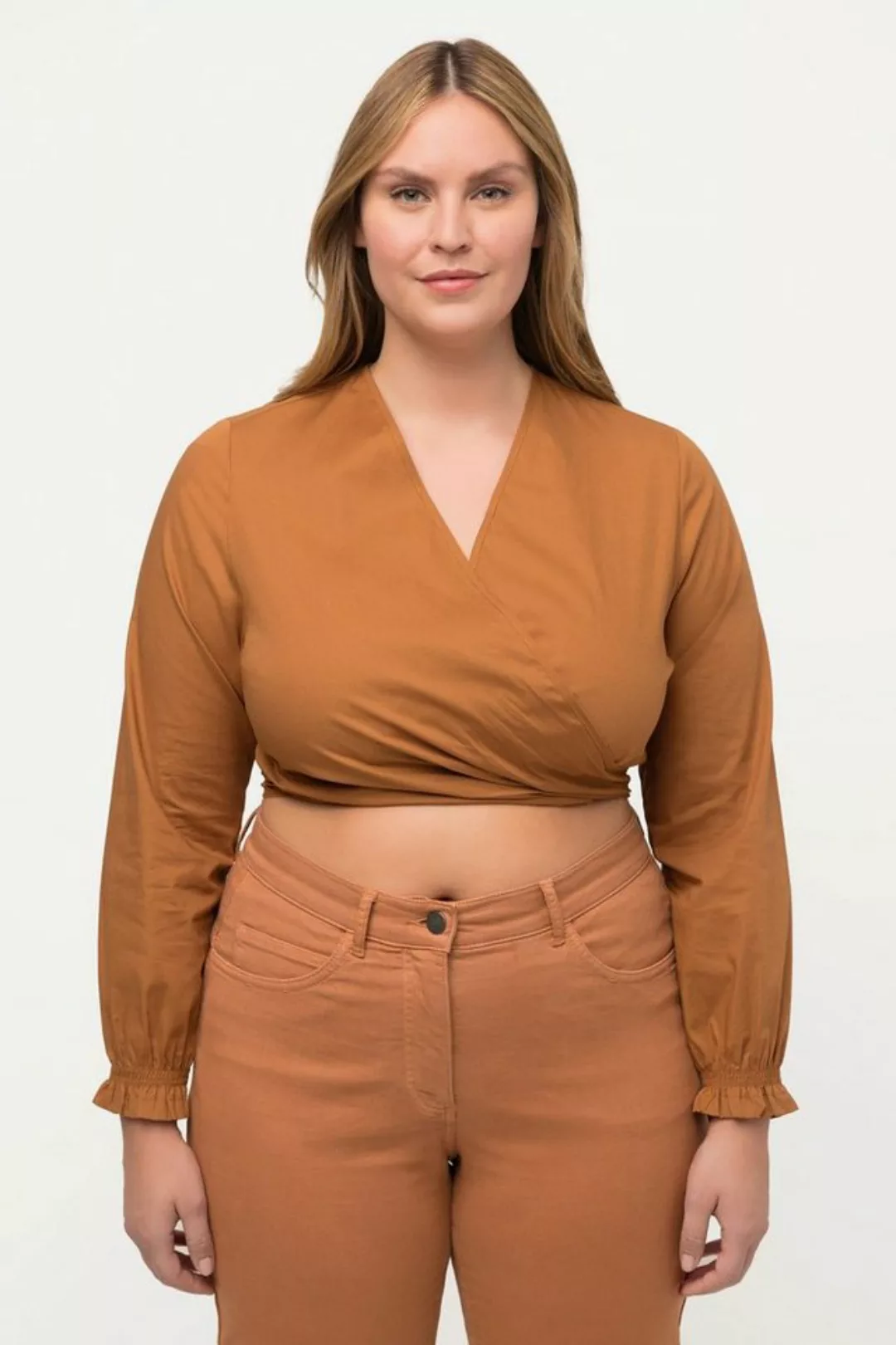 Ulla Popken Wickelbluse Wickelbluse kurz V-Ausschnitt Langarm Biobaumwolle günstig online kaufen