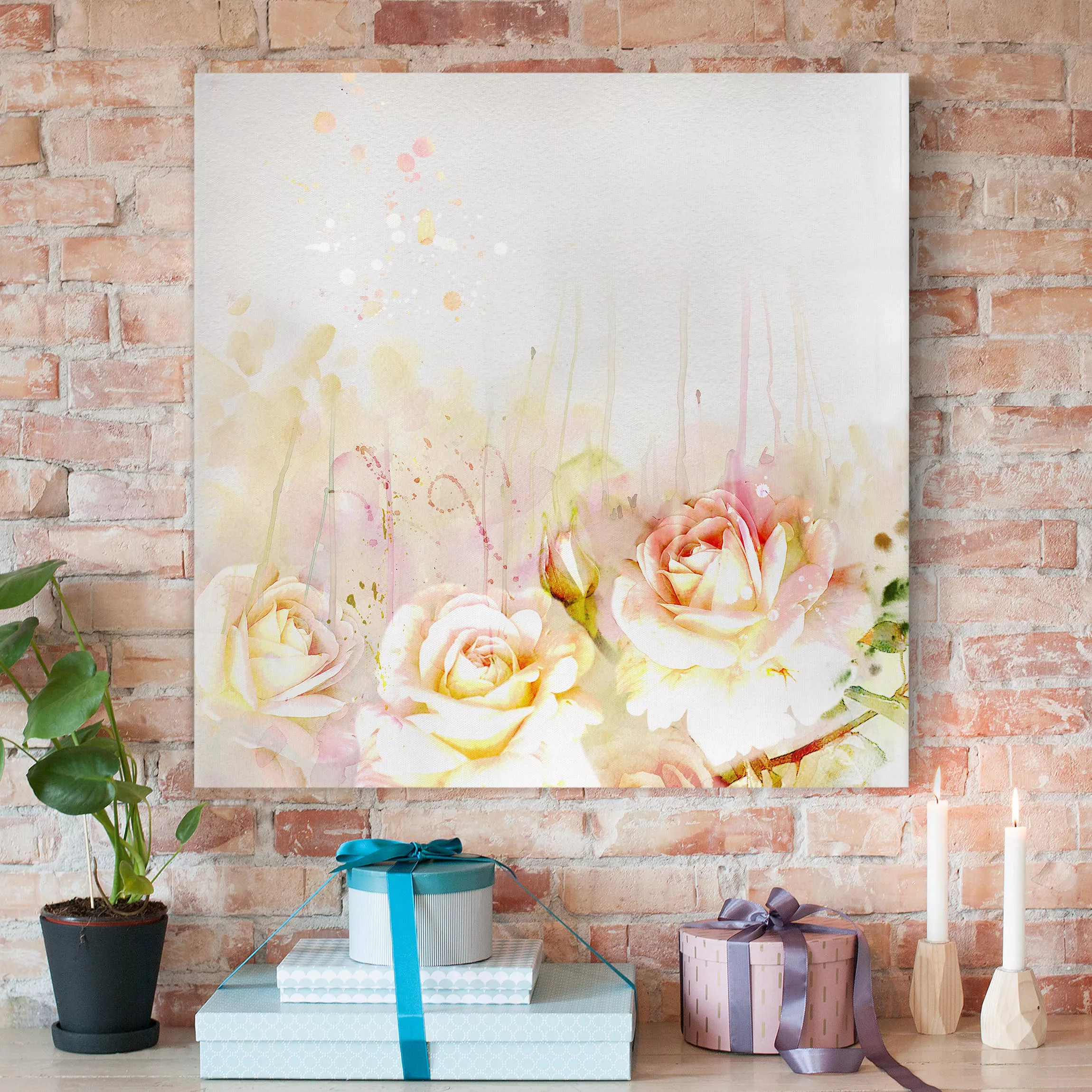 Leinwandbild Blumen - Quadrat Aquarell Blumen Rosen günstig online kaufen