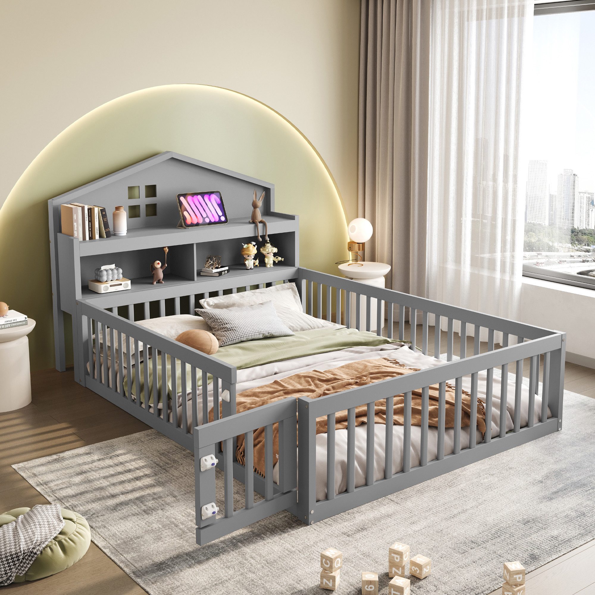 Flieks Kinderbett, Holzbett Bodenbett Hausbett 140x200cm günstig online kaufen