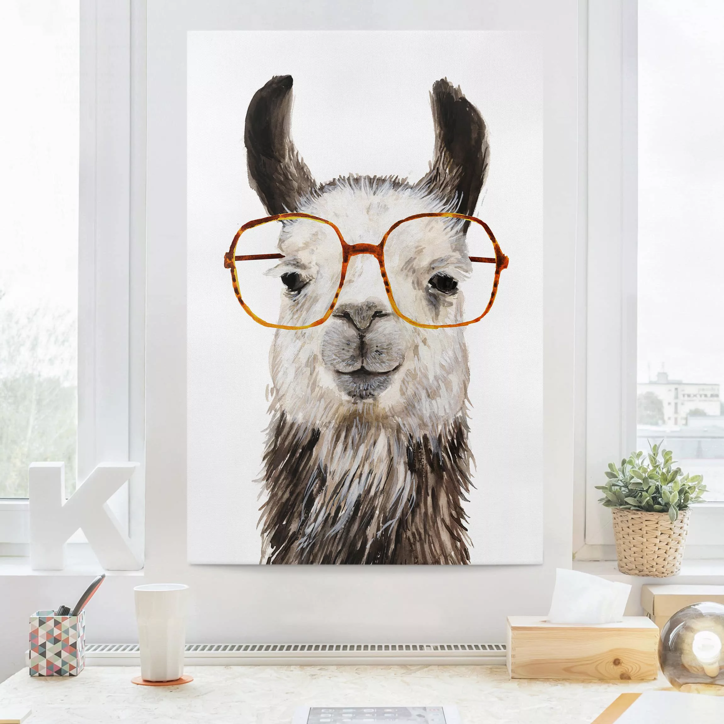 Leinwandbild Kinderzimmer - Hochformat Hippes Lama mit Brille IV günstig online kaufen