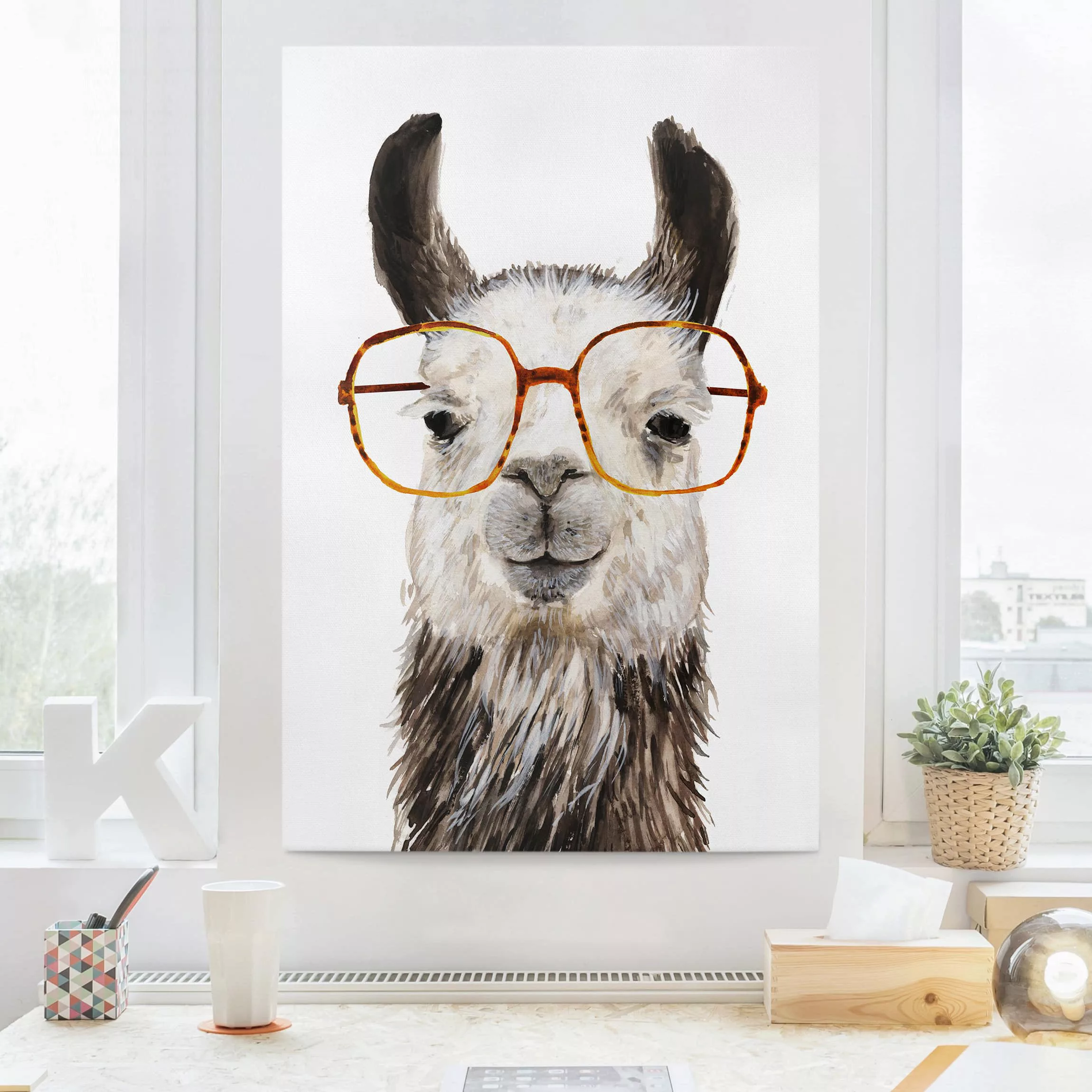 Leinwandbild - Hochformat Hippes Lama mit Brille IV günstig online kaufen