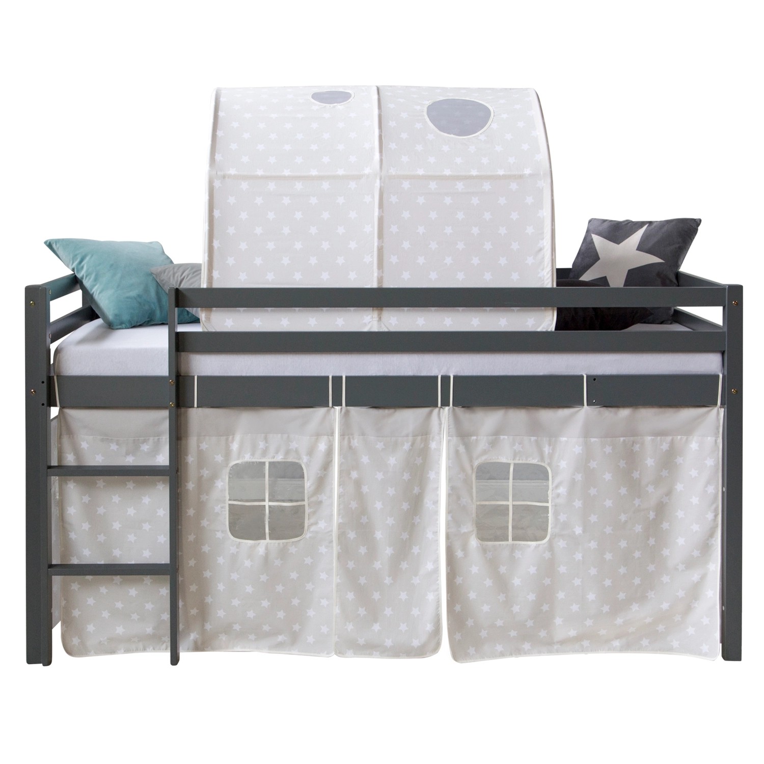 Homestyle4u Hochbett 90x200 mit Vorhang und Tunnel in Grau Sterne 1876 günstig online kaufen