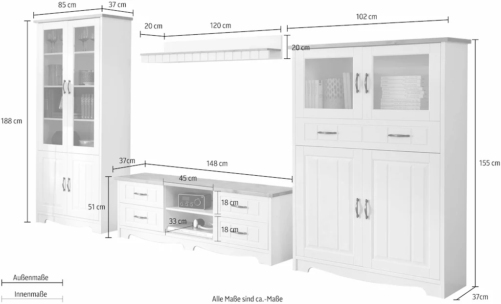 Home affaire Wohnwand »Trinidad«, (Set, 4 St.), Set aus 1 Vitrine, 1 Lowboa günstig online kaufen