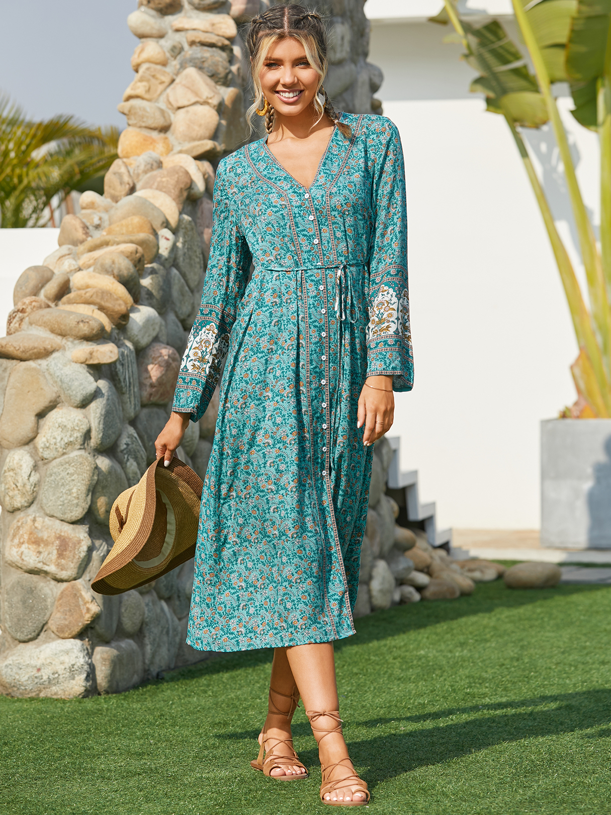 YOINS Tribal Calico Belt Design Vorderknopf Langarm Maxi Kleid günstig online kaufen