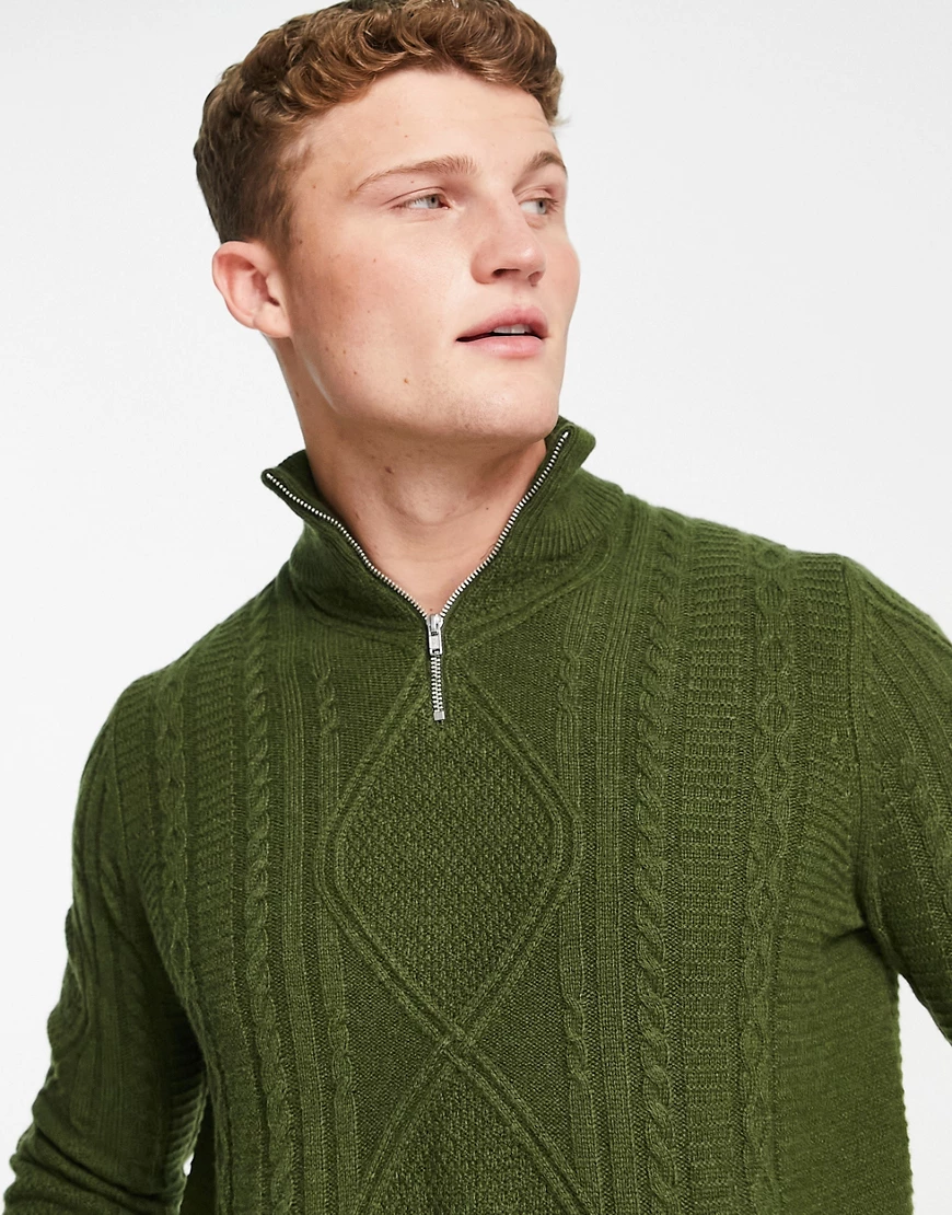 ASOS DESIGN – Strickpullover aus Lammwolle in Khaki mit Zopfmuster und kurz günstig online kaufen