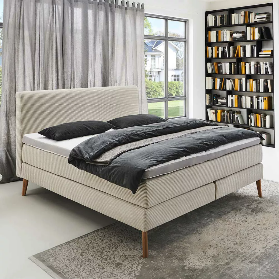 Boxspringbett Beige modern mit Vierfußgestell aus Holz Eichefarben günstig online kaufen